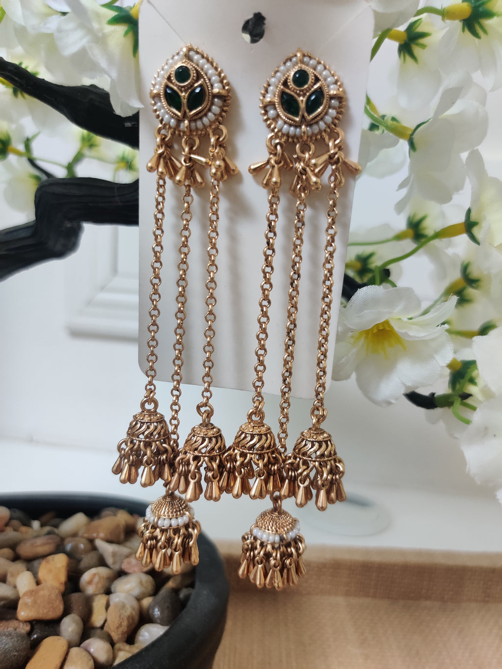 Kashmiri Heritage Tassel Earrings – Green Stone Edition