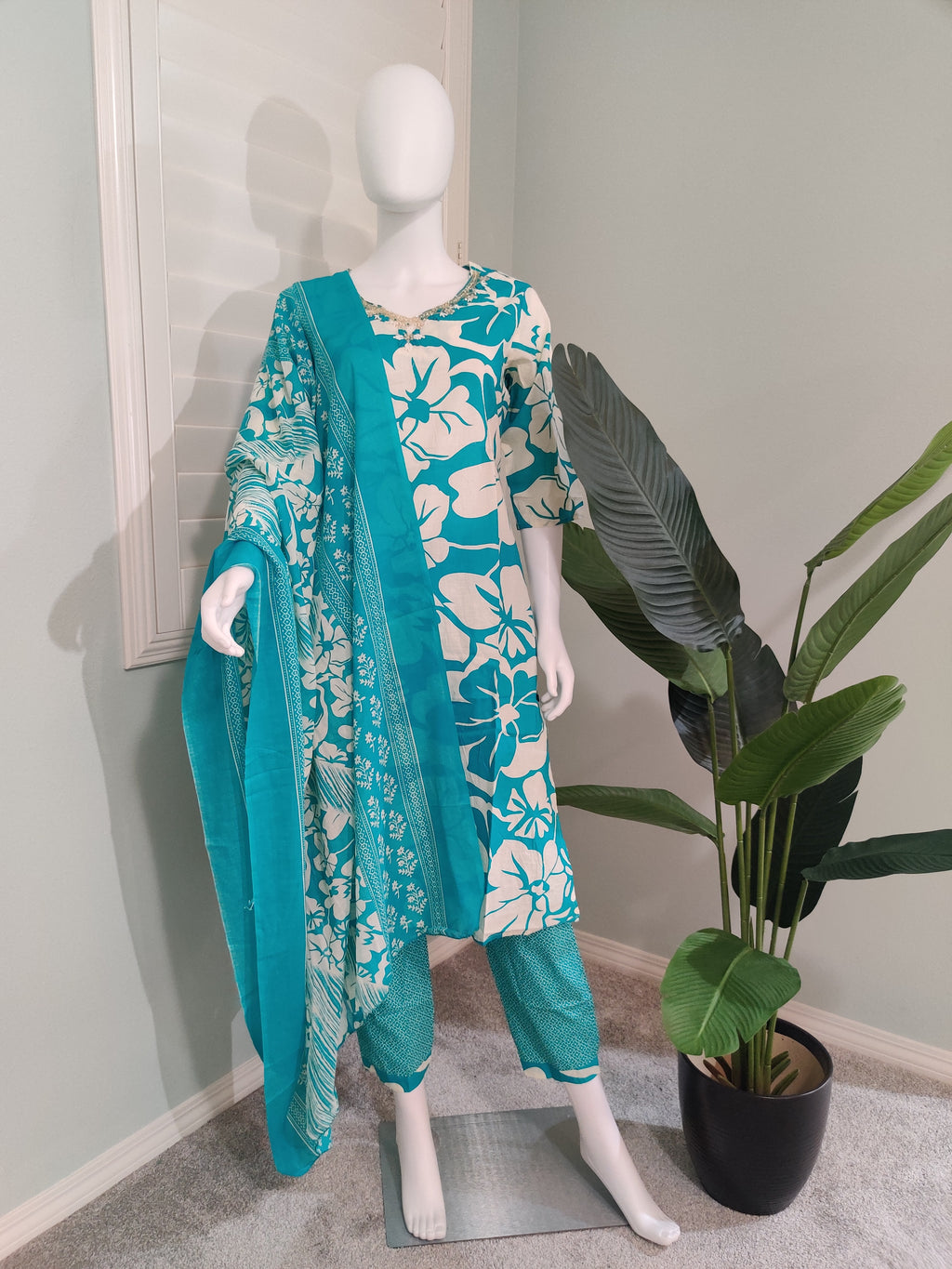 Teal Summer Wear Printed Cotton Kurta Set