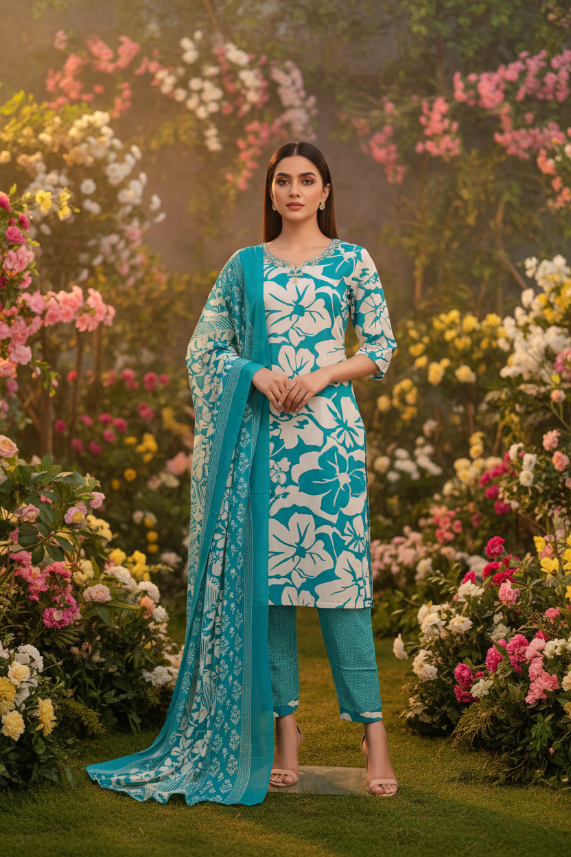 Teal Summer Wear Printed Cotton Kurta Set