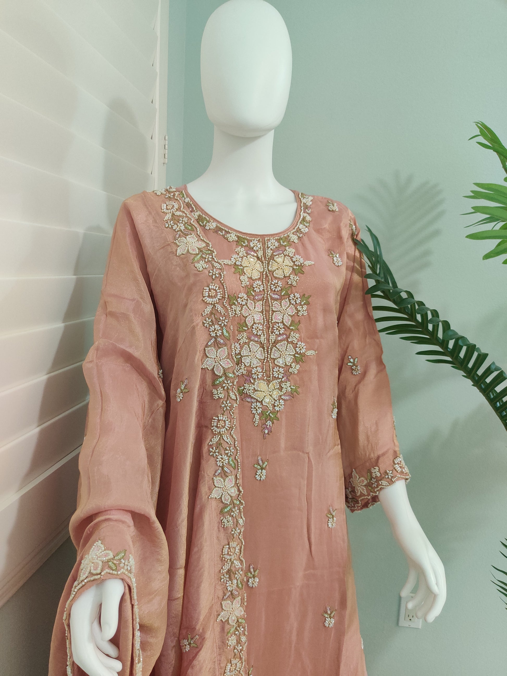 Peach Tissue Shimmer Handwork Embroidered Wedding Wear Suit
