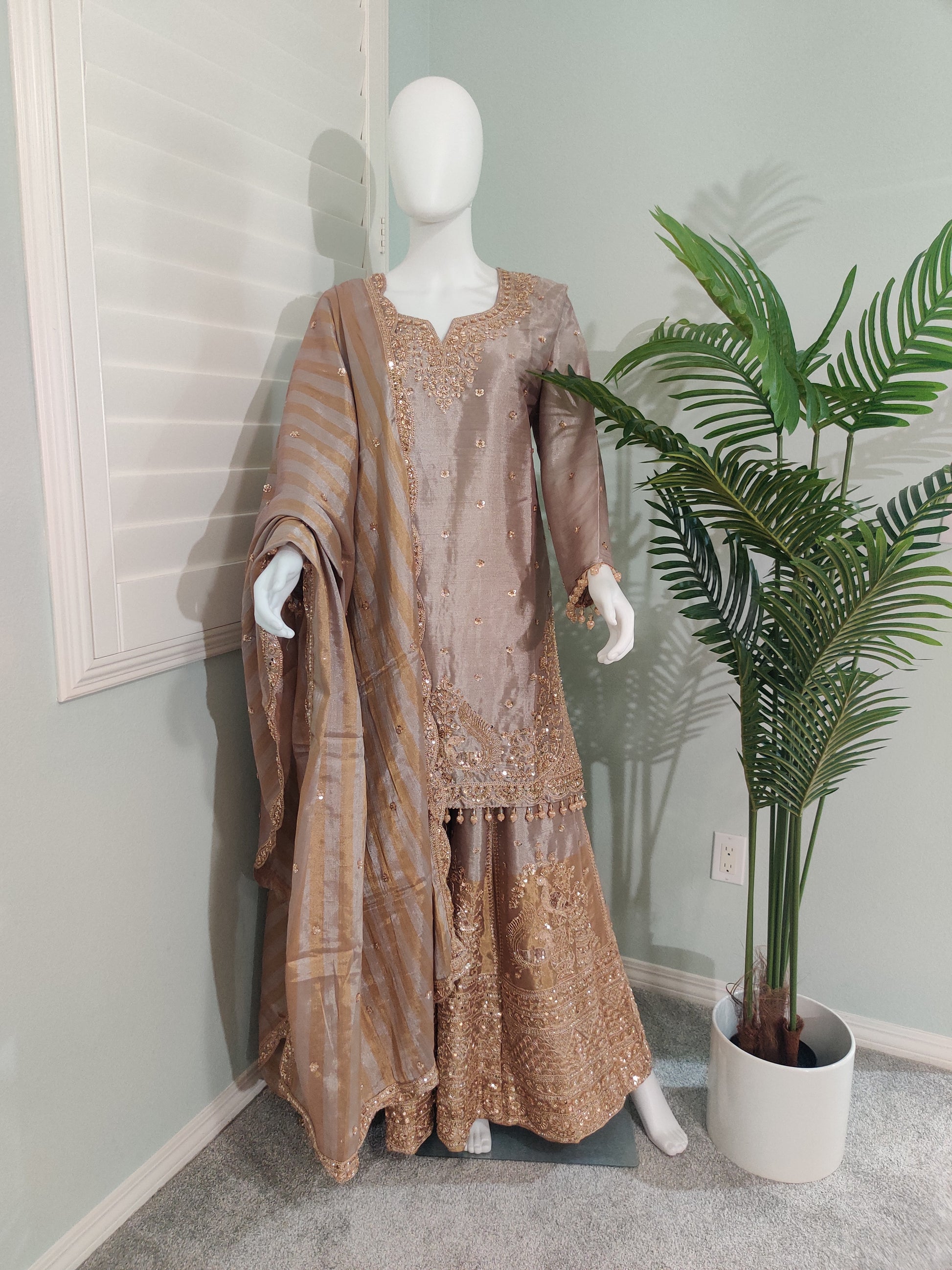Lavender-Golden Handwork Embroidered Wedding Wear Plazzo Suit