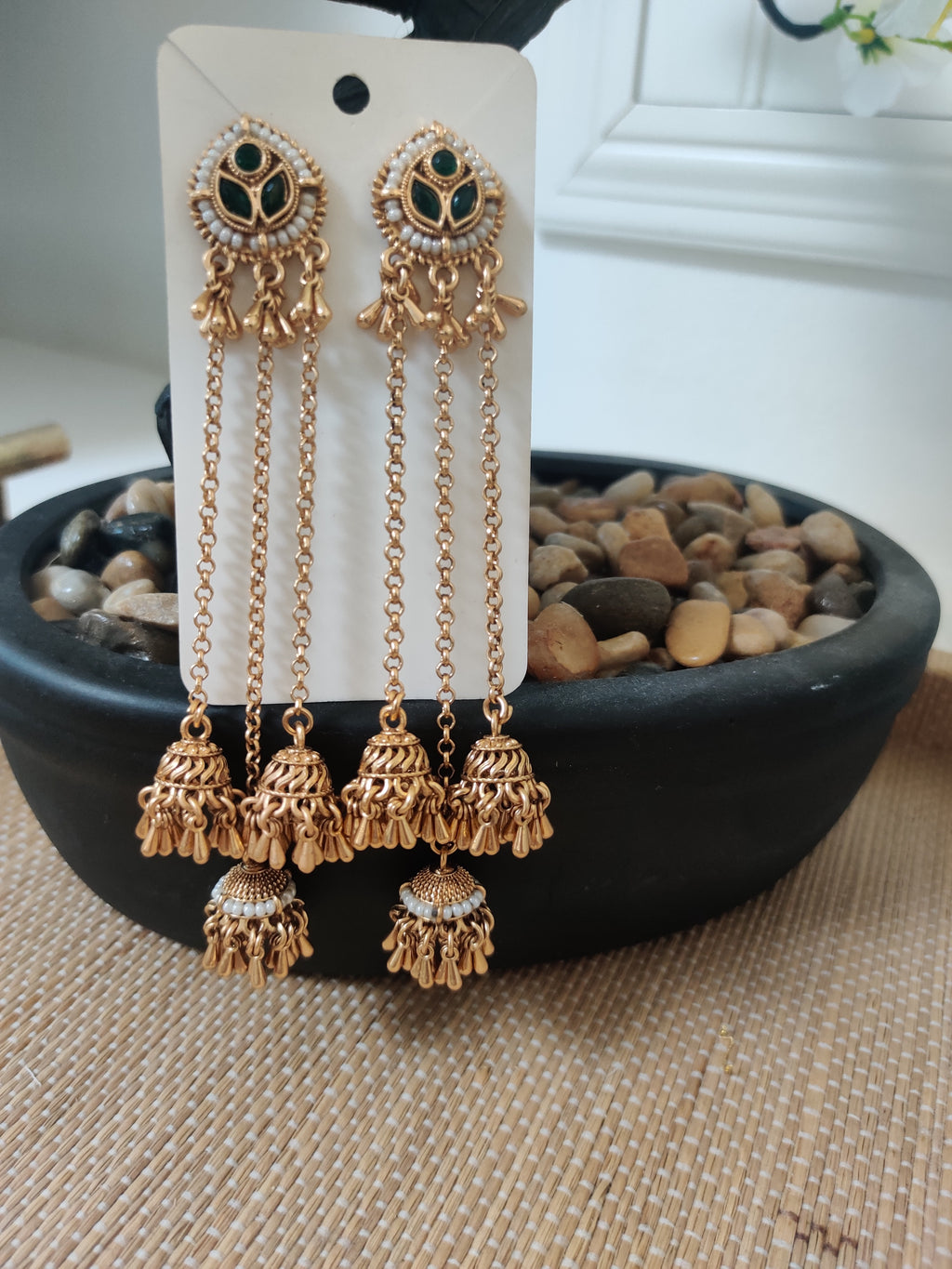 Kashmiri Heritage Tassel Earrings – Green Stone Edition