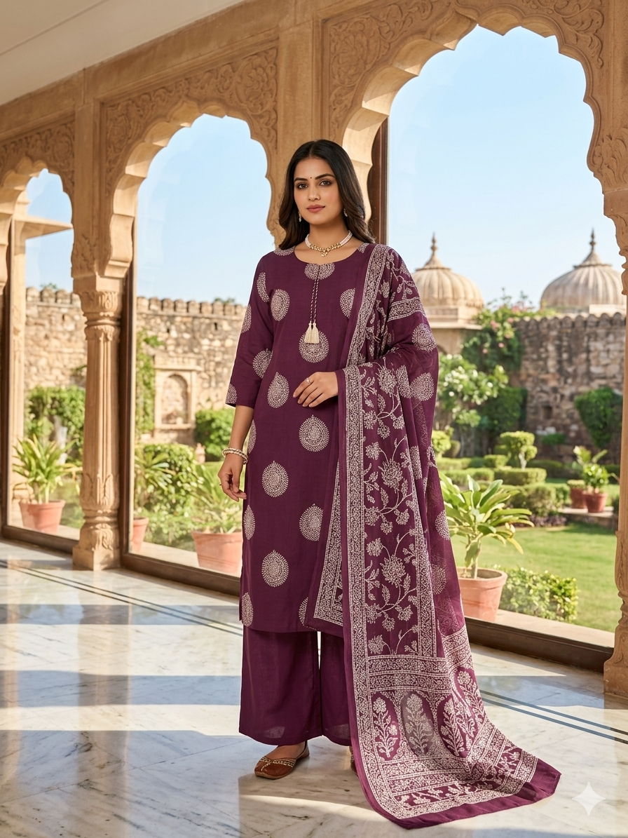 Wine Block Printed Premium Cotton Kurta Set