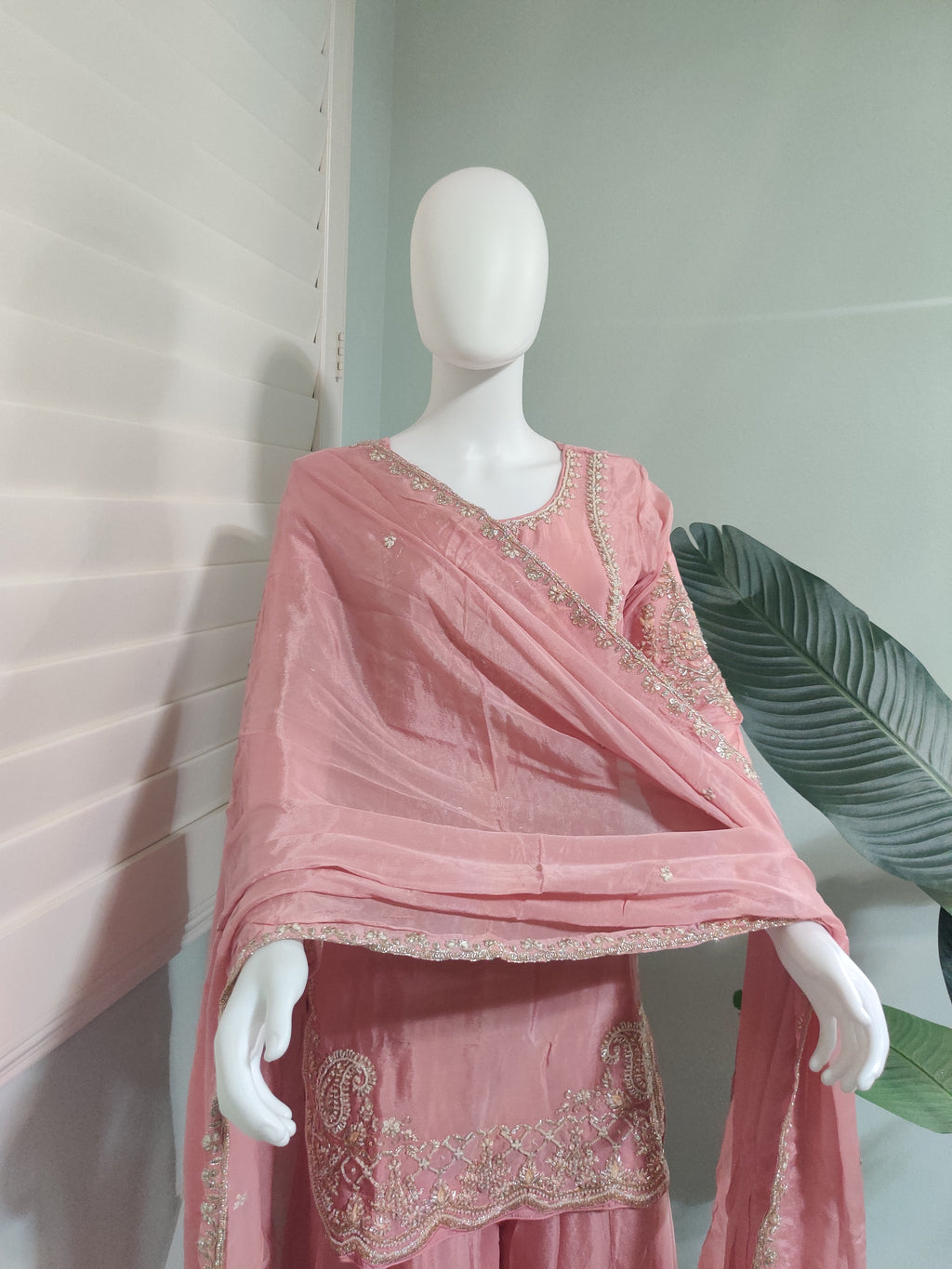 Pastel Pink Zari Embroidered Festive Wear Plazzo Kurta Set
