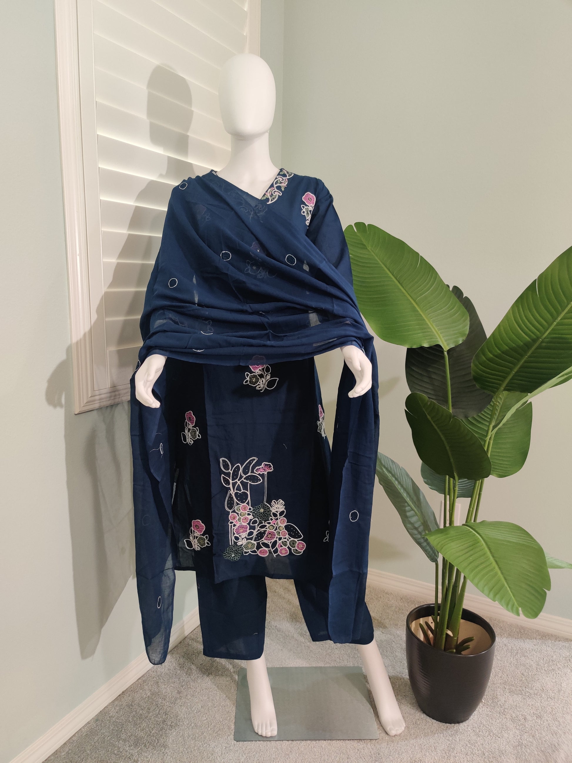 Navy Sequin Embroidered Cotton Kurta Set