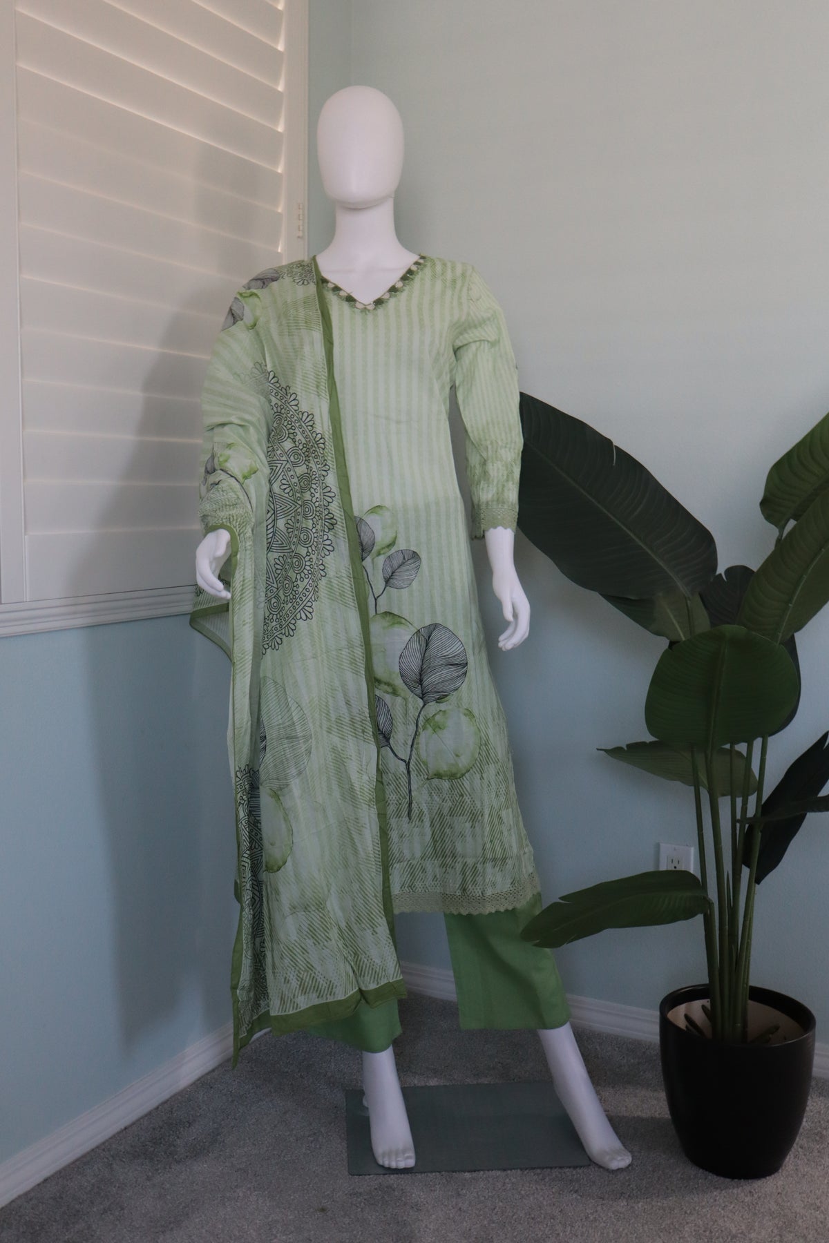 Light Green Digital Print Cotton Kurta Set