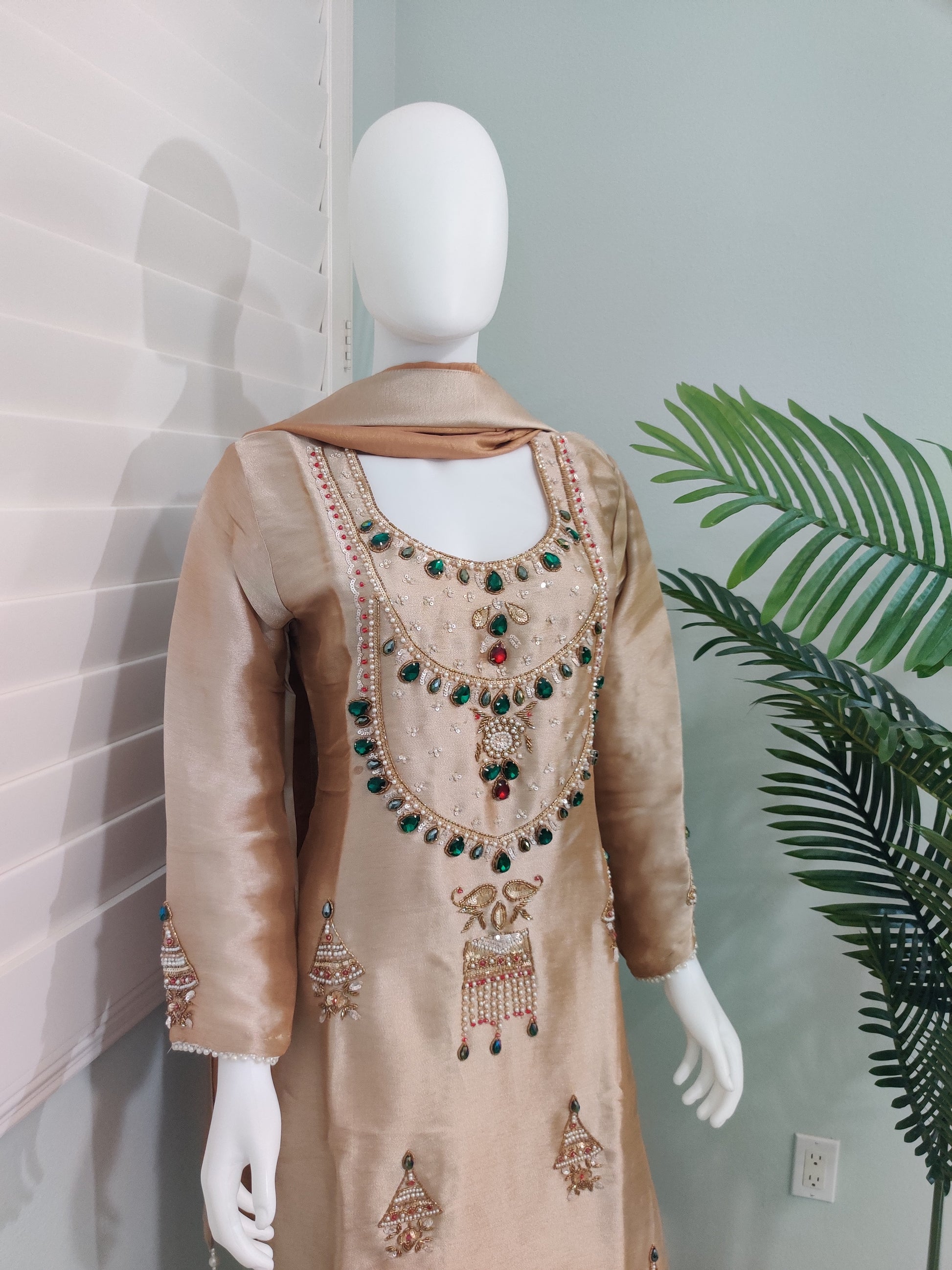 Golden Party Wear Handwork Embroidered Plazzo Kurta Set