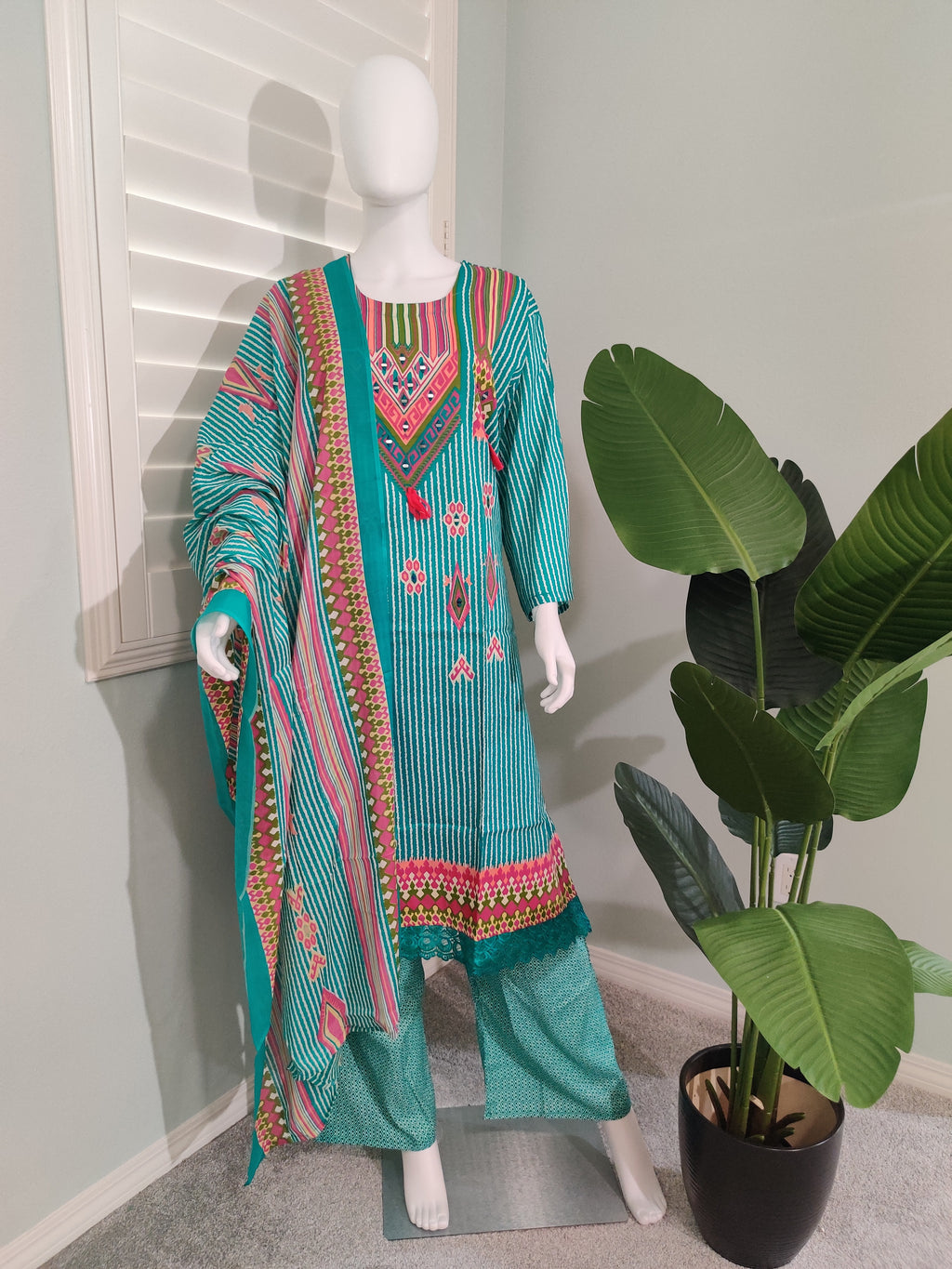 Turquoise Garden Printed Cotton Kurta Set (Plus Size)