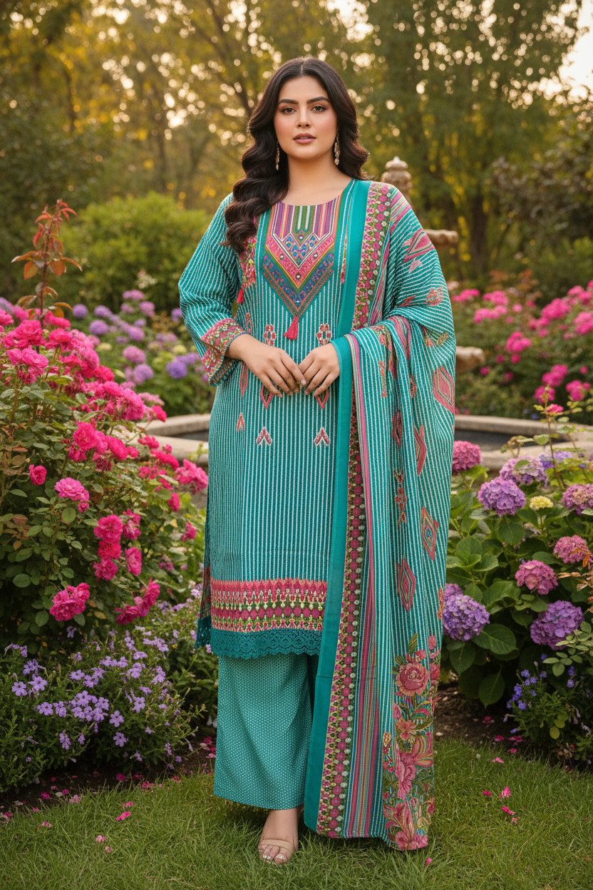 Turquoise Garden Printed Cotton Kurta Set (Plus Size)