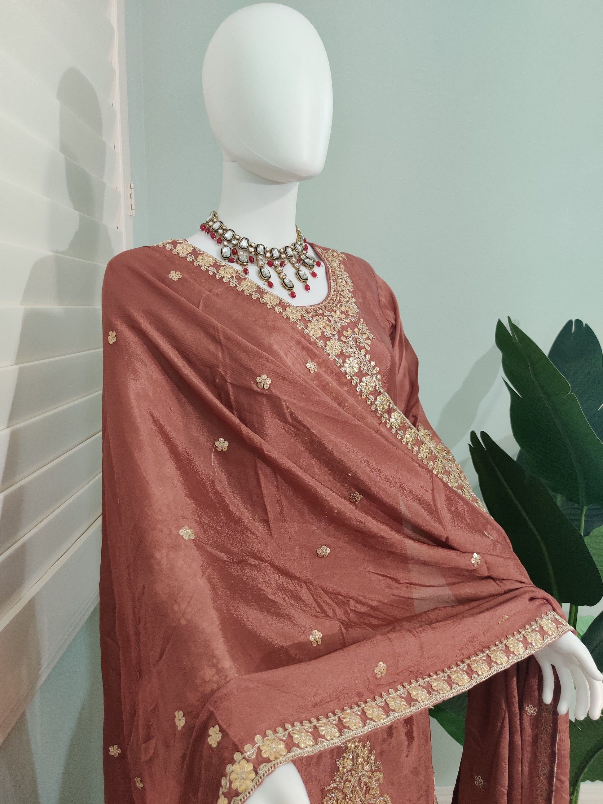 ✨ Brown Gold Embroidered Sharara Suit Set