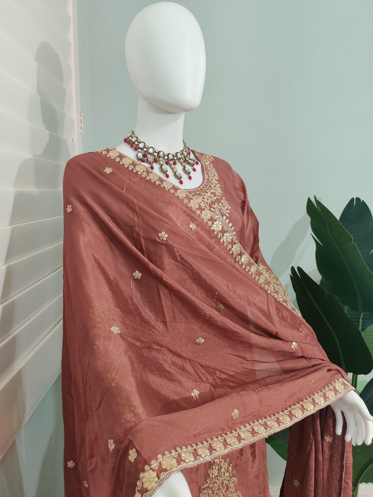 ✨ Brown Gold Embroidered Sharara Suit Set