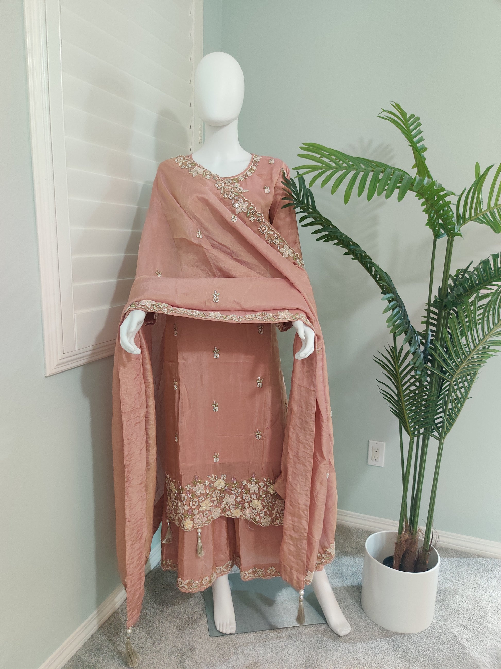 Peach Tissue Shimmer Handwork Embroidered Wedding Wear Suit