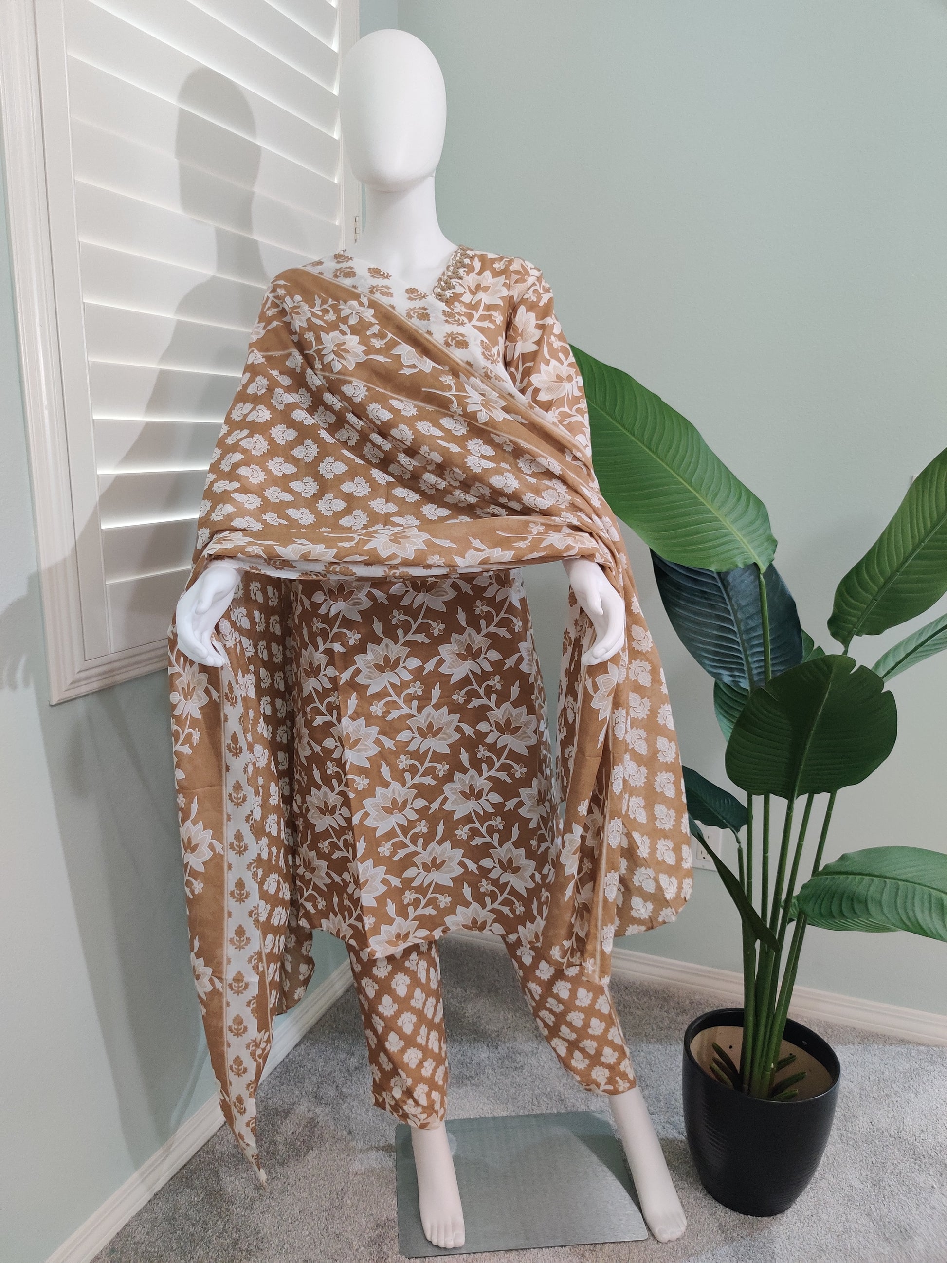 Beige Summer Wear Cotton Kurta Set