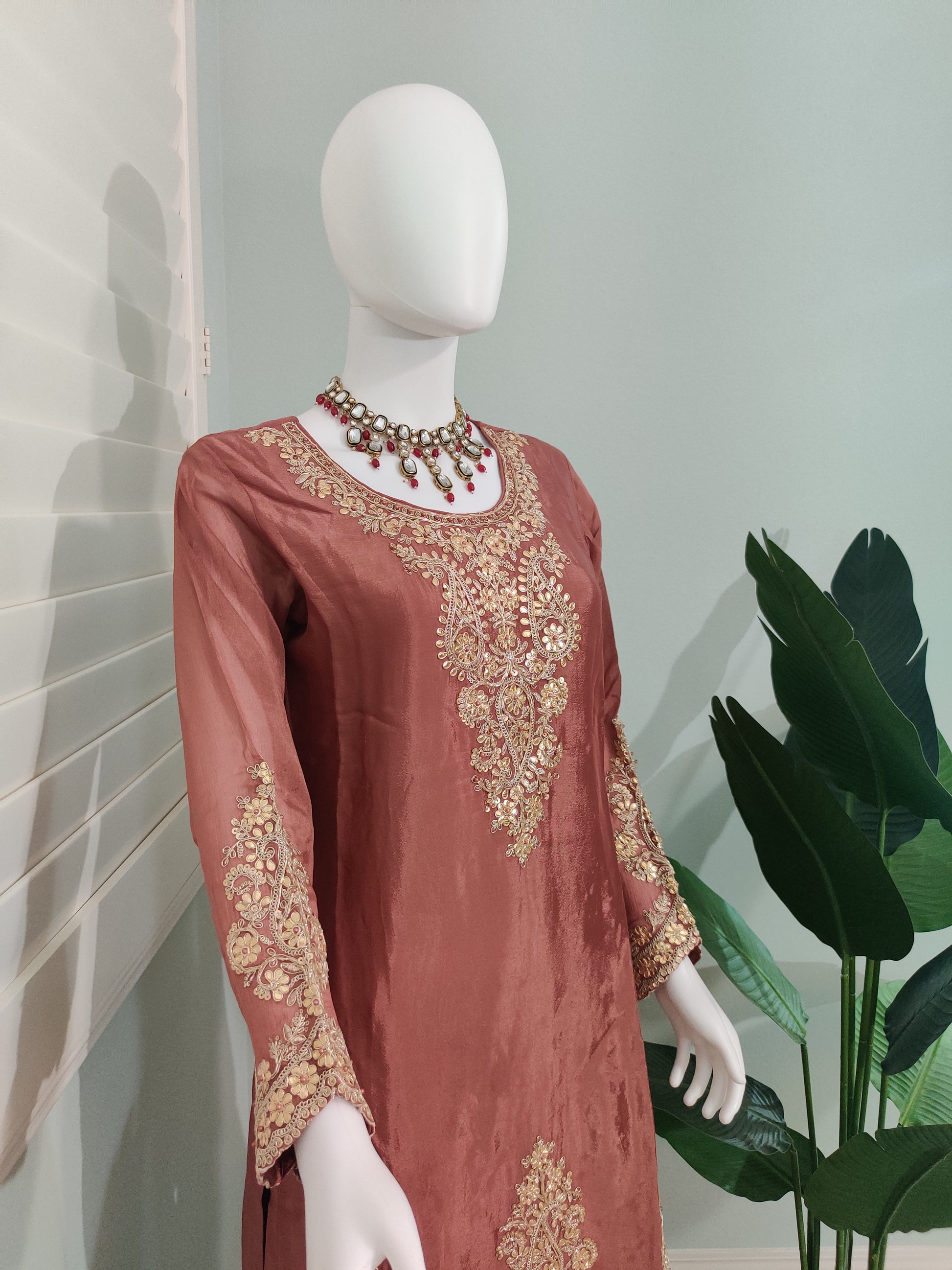 ✨ Brown Gold Embroidered Sharara Suit Set