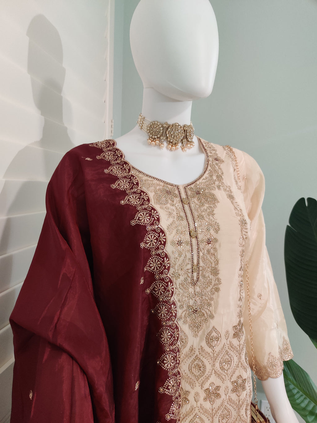 Glass Organza Embroidered Straight Pant Kurta set with Matching Purse