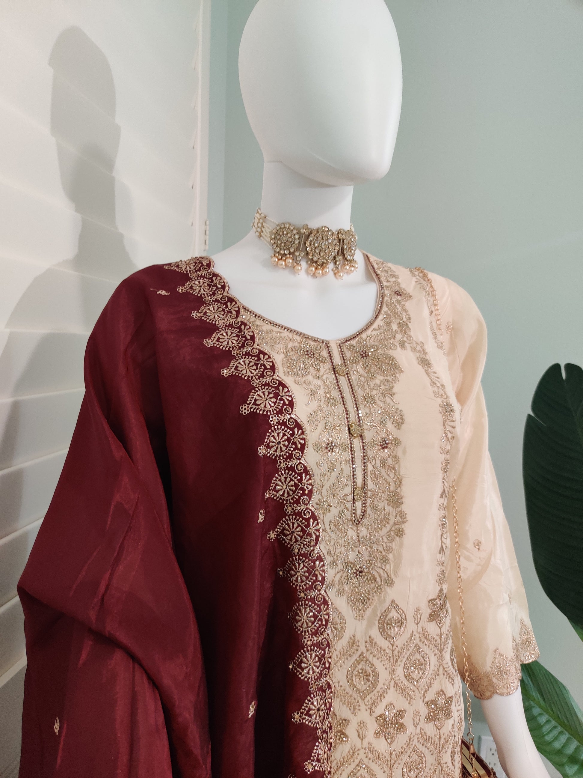 Glass Organza Embroidered Straight Pant Kurta set with Matching Purse