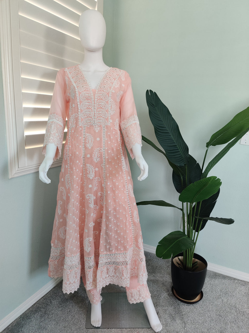 Peach Chikankari Anarkali Cotton Kurta Set