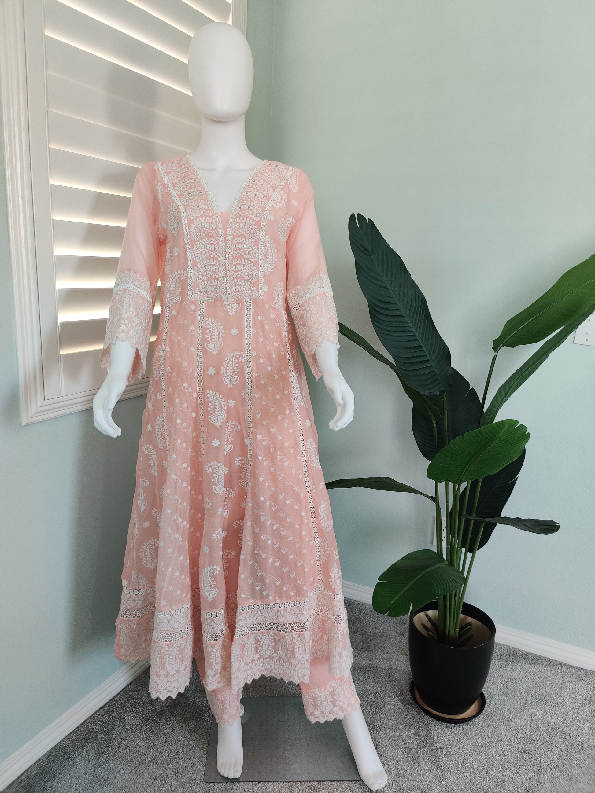 Peach Chikankari Anarkali Cotton Kurta Set