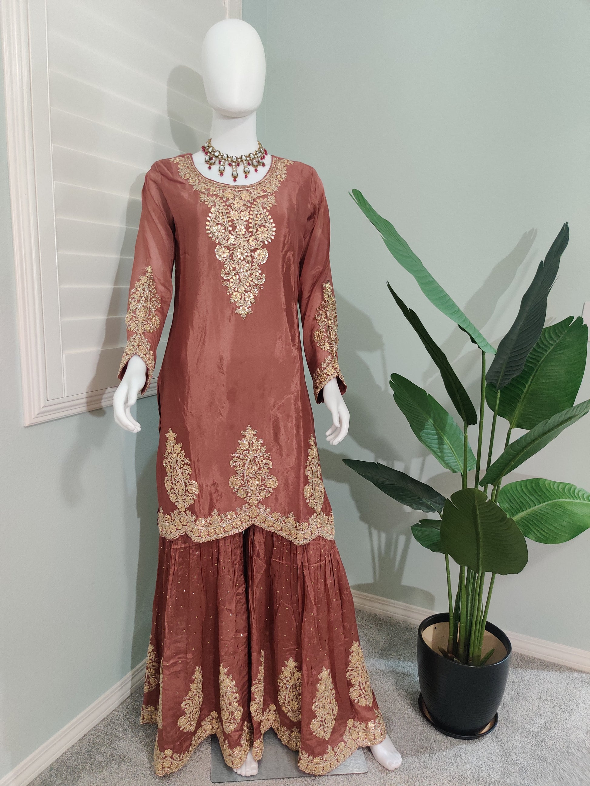 ✨ Brown Gold Embroidered Sharara Suit Set