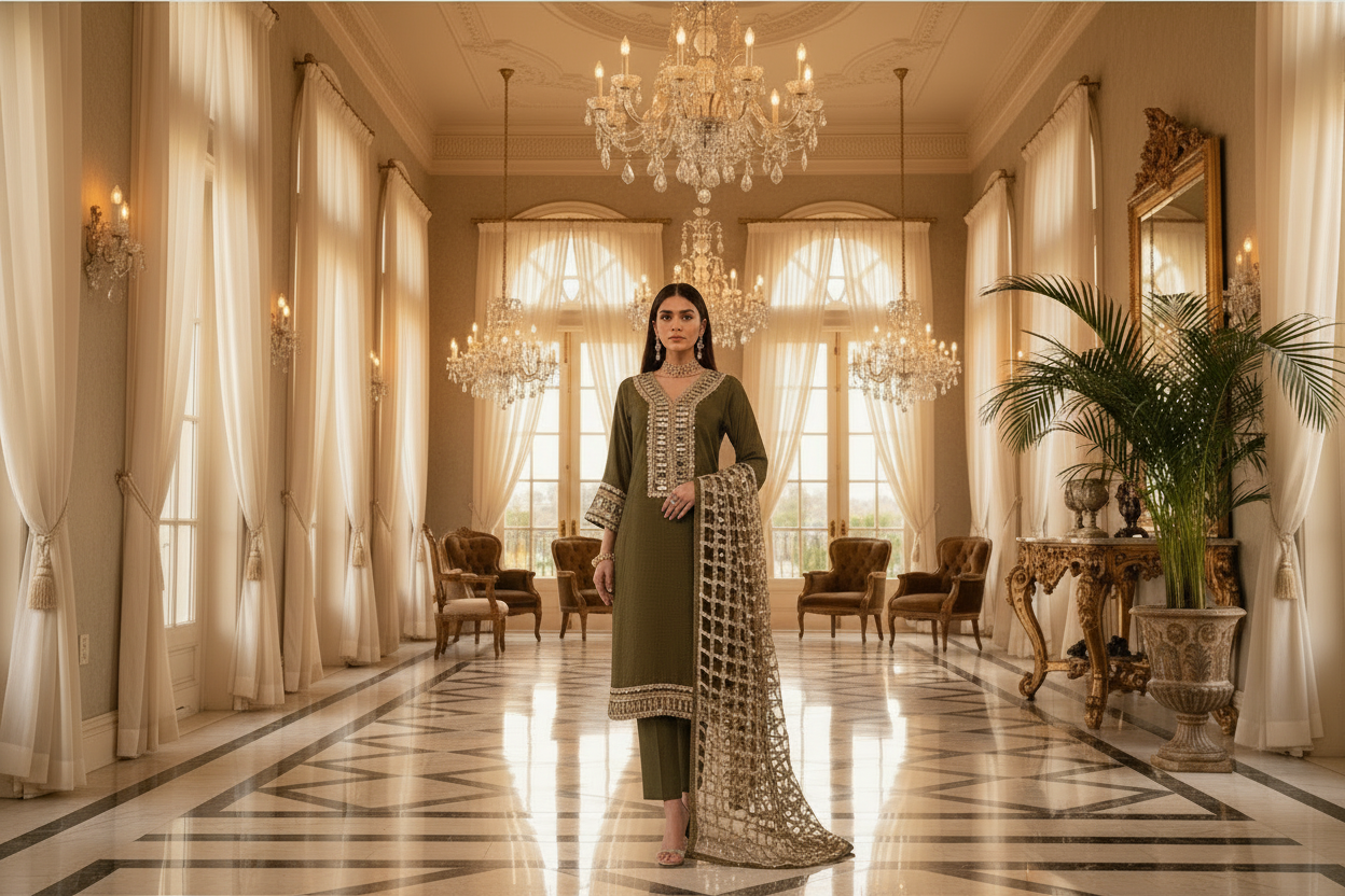 Sage Green Tissue Shimmer Kurta Set