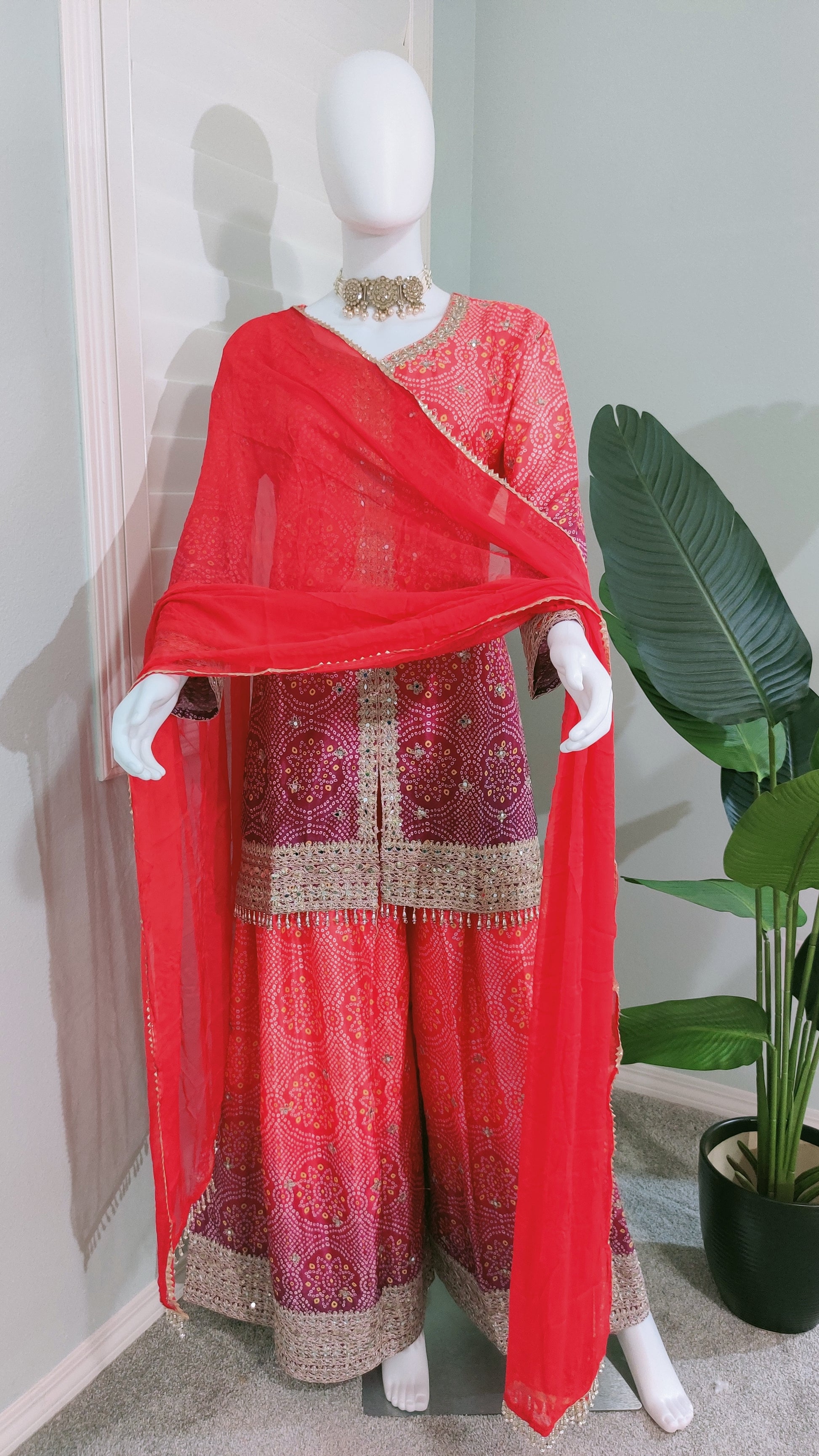 Chinnon Fabric Bandhej Print Heavy Palazzo Kurta Set