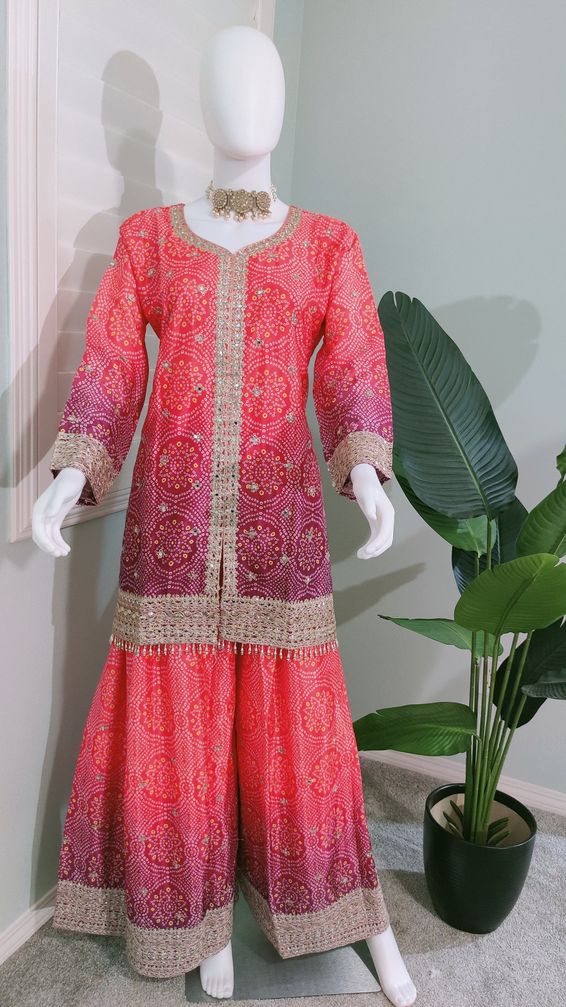 Chinnon Fabric Bandhej Print Heavy Palazzo Kurta Set