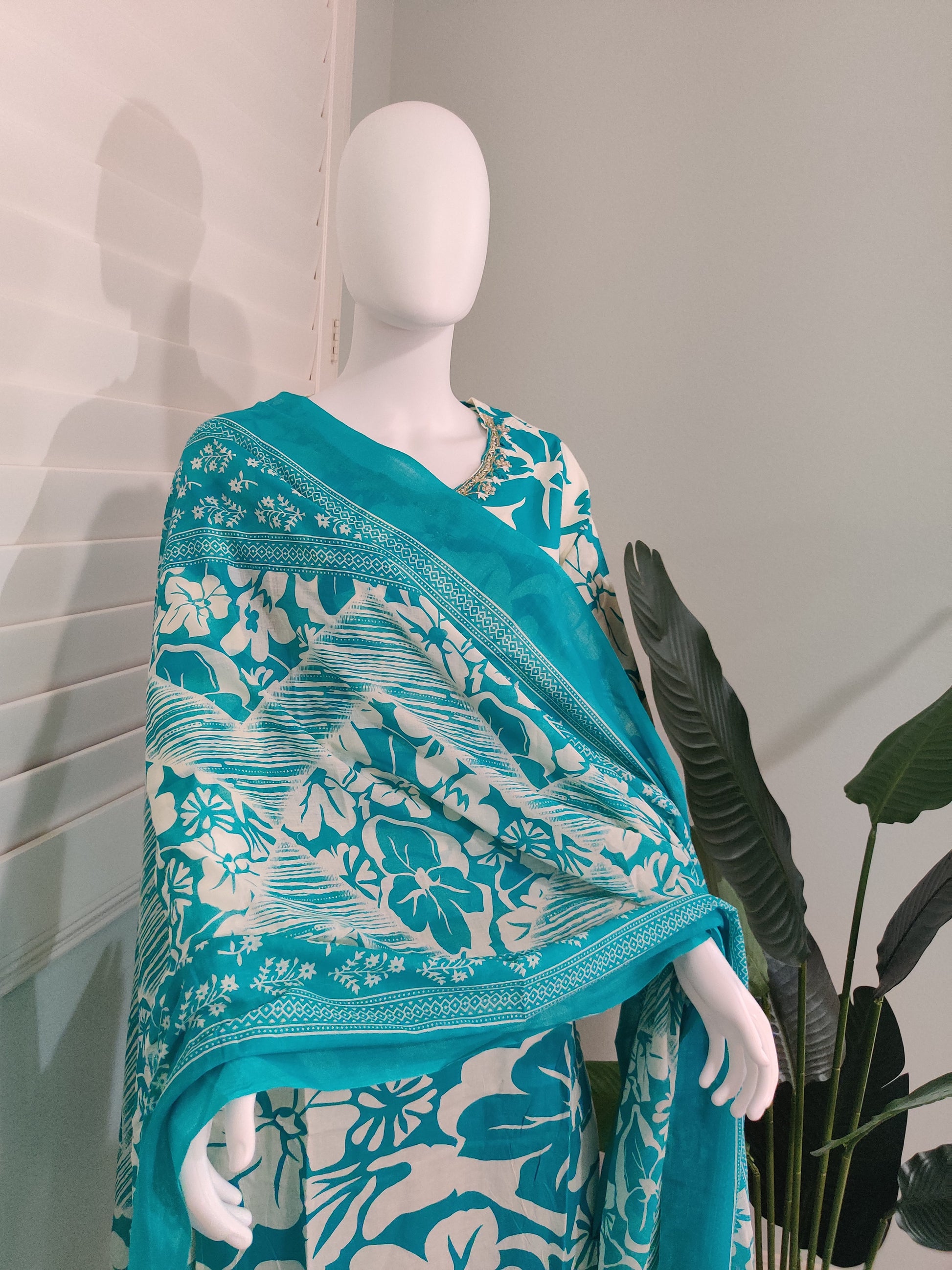 Teal Summer Wear Printed Cotton Kurta Set