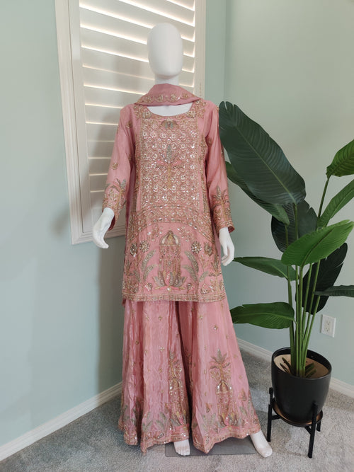 Blush Pink Handwork Embroidered Wedding Wear Plazzo Kurta Set