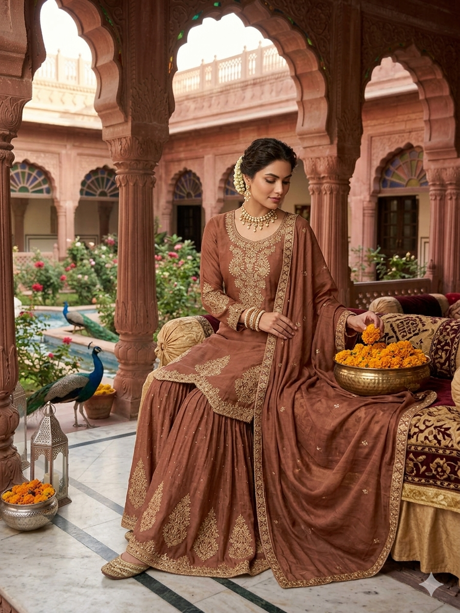 ✨ Brown Gold Embroidered Sharara Suit Set