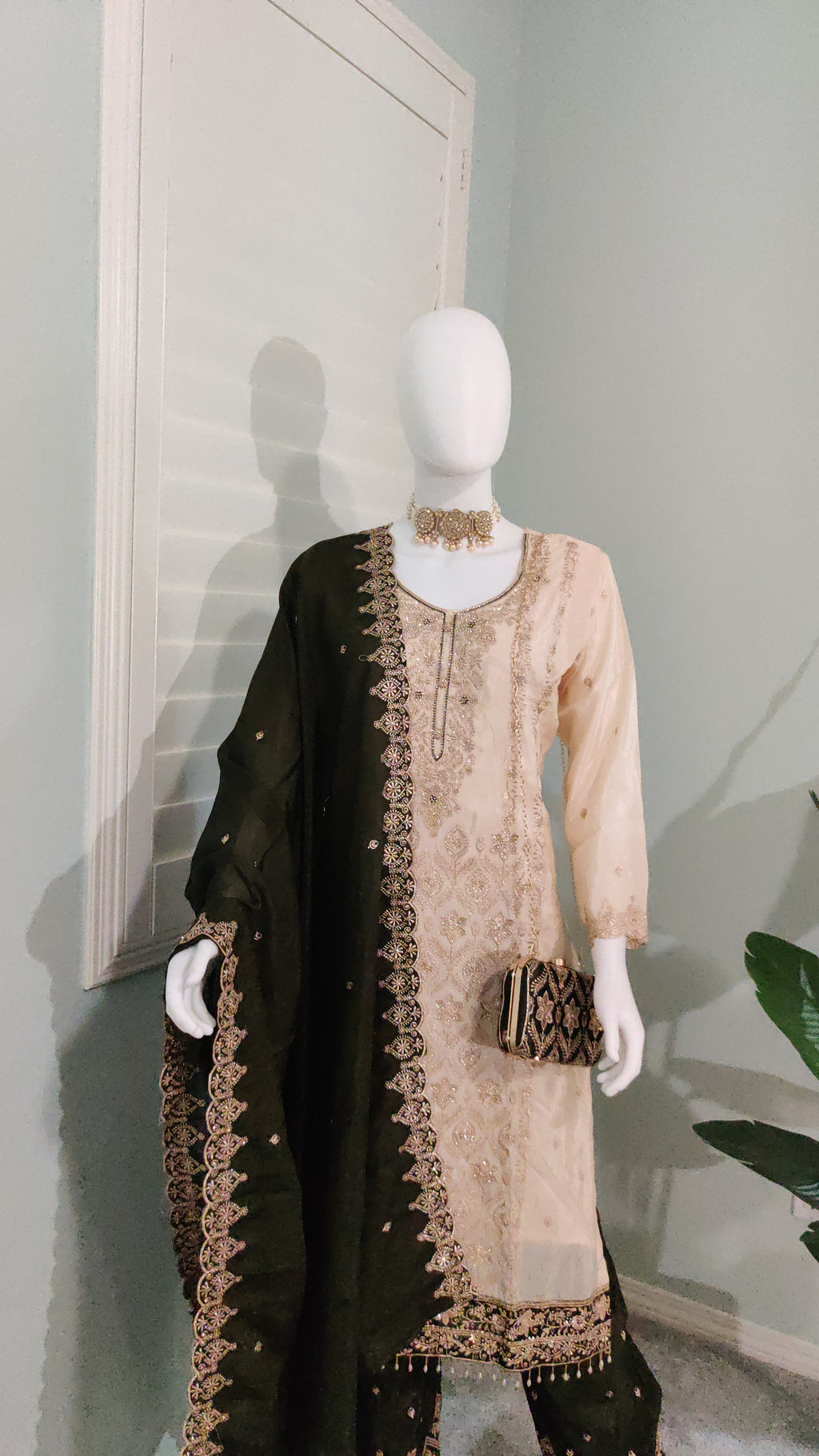 Glass Organza Embroidered Straight Pant Kurta set with Matching Purse