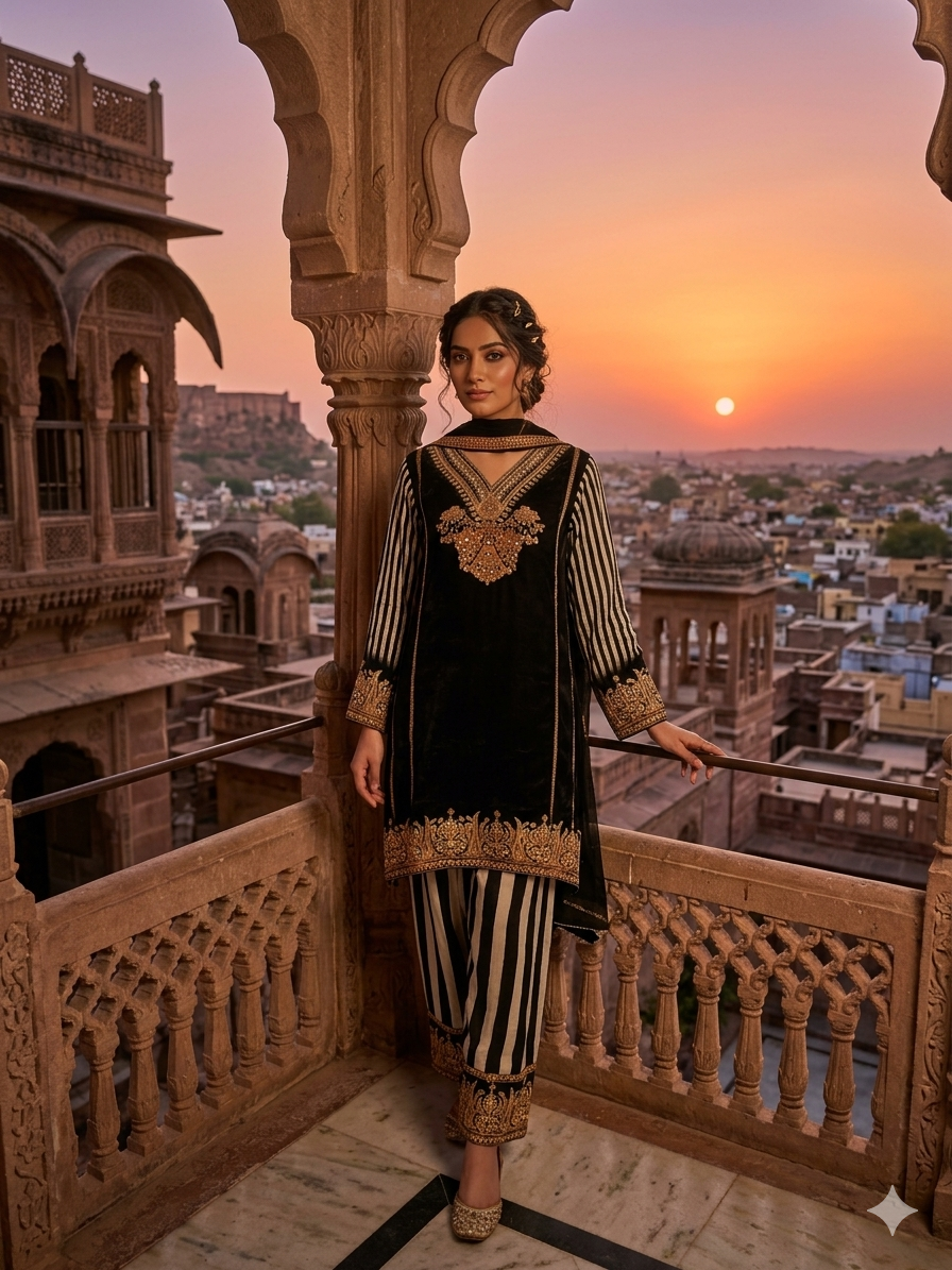 Radiant Regal: Black Crepe Silk Palazzo Kurta Set