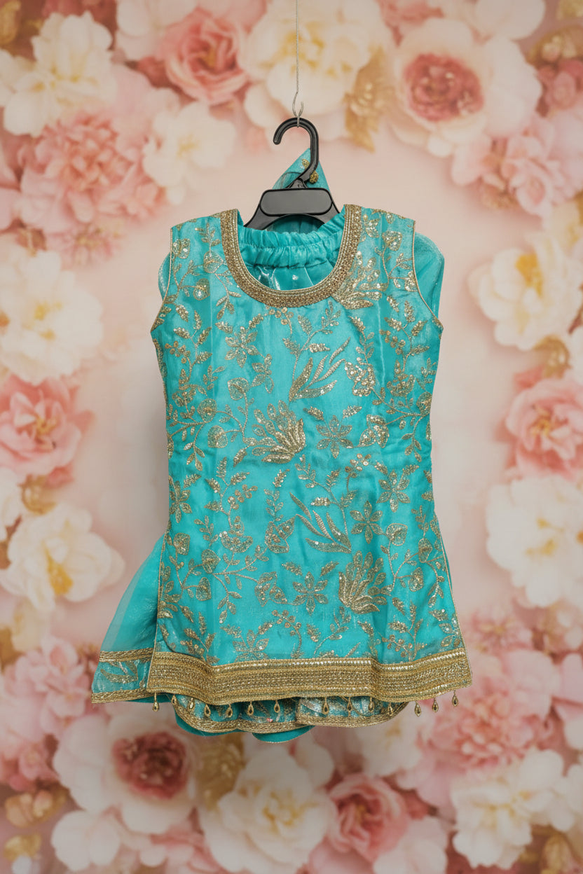 Turquoise Fendy Silk Sharara suit set for girls