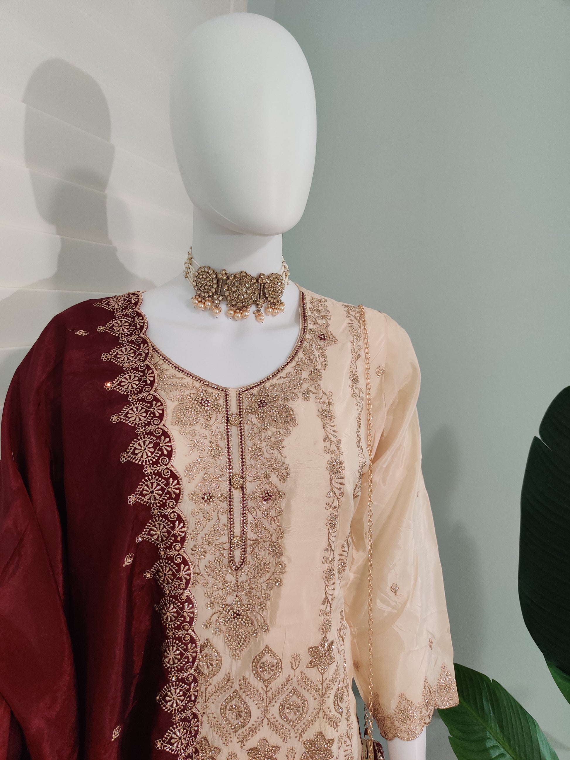 Glass Organza Embroidered Straight Pant Kurta set with Matching Purse