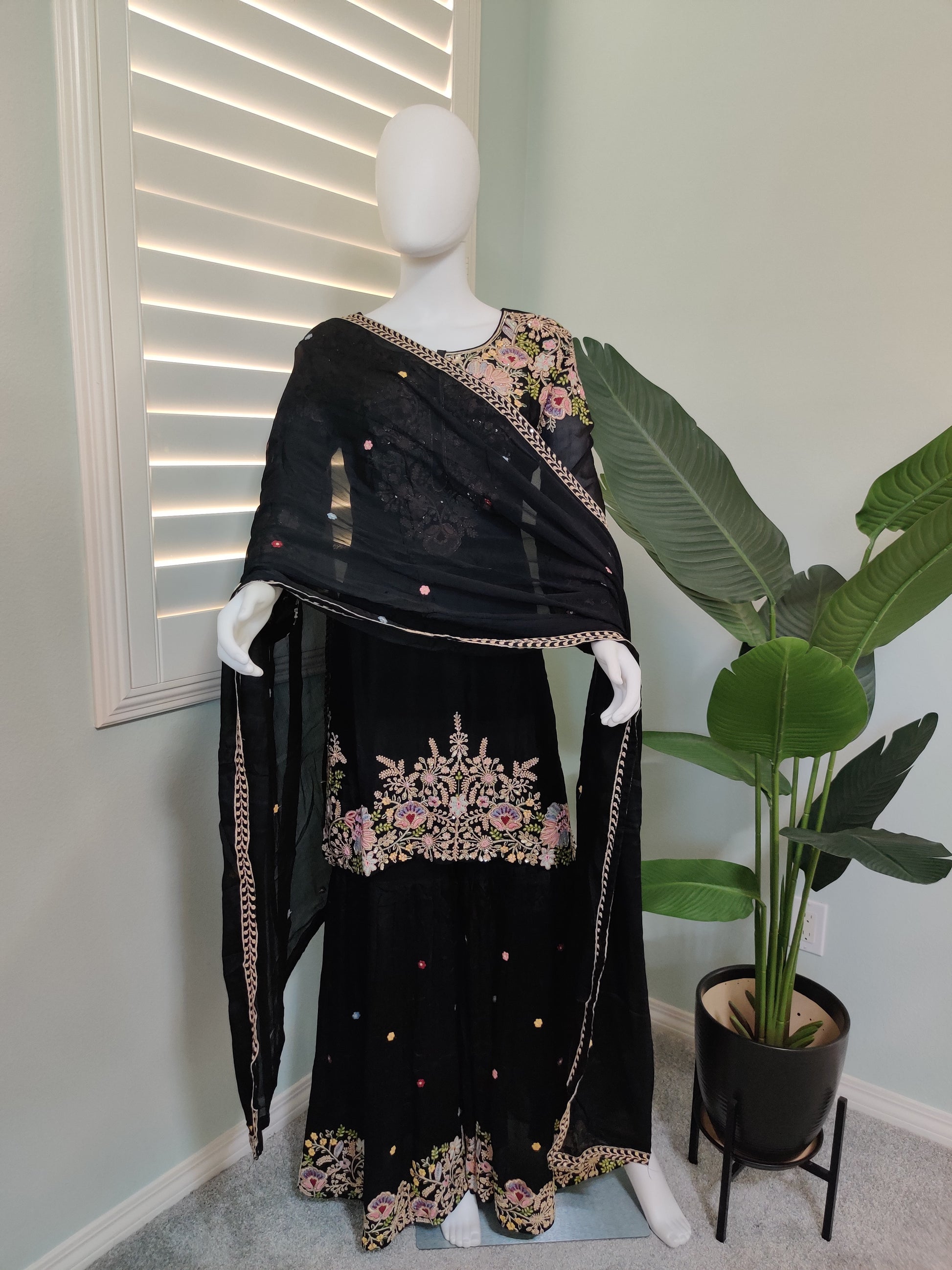 Black Multi-Color Resham Embroidered Sharara Kurta Set