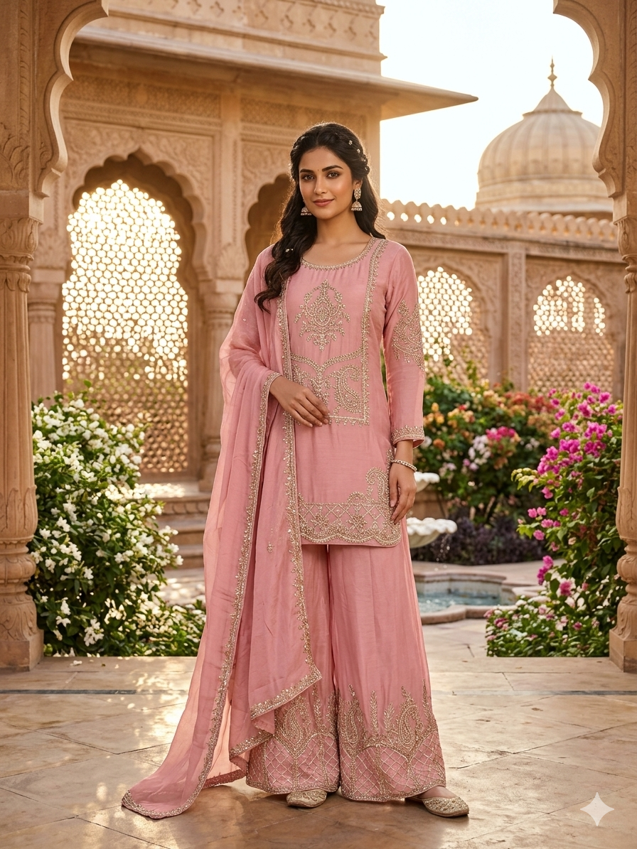 Pastel Pink Zari Embroidered Festive Wear Plazzo Kurta Set