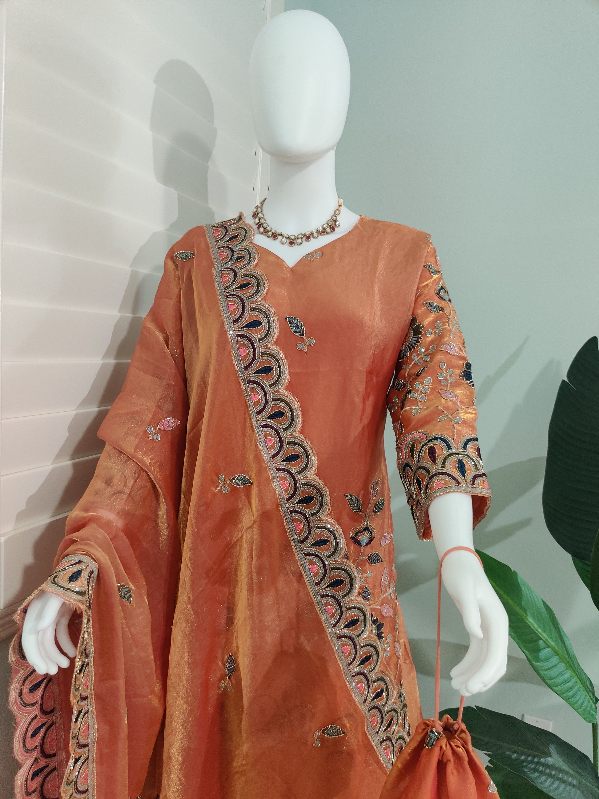 Plus Size Plazzo Suit set in Tissue Shimmer with Potli