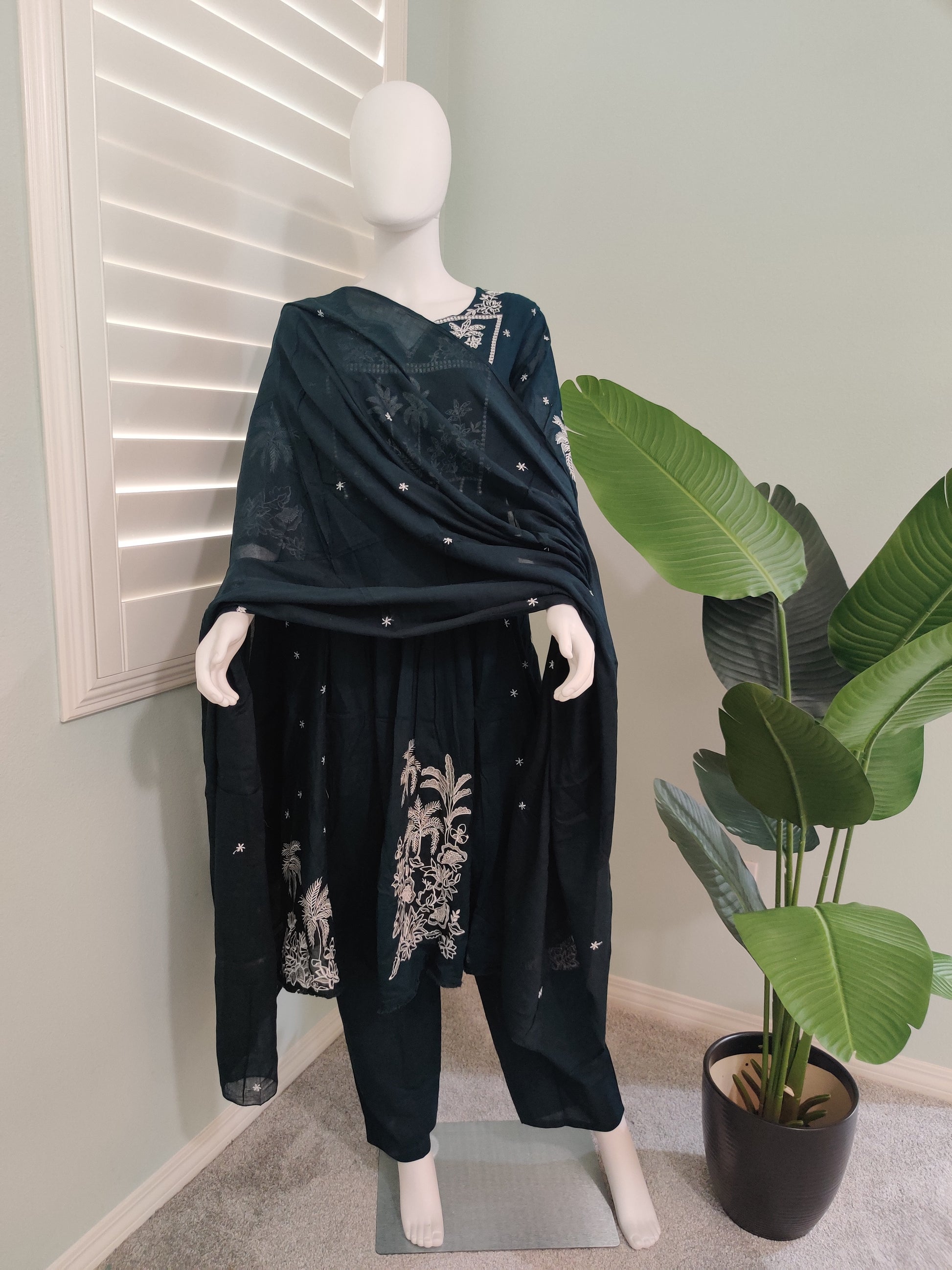 Dark Green A line Mul Cotton Embroidered Kurta Set