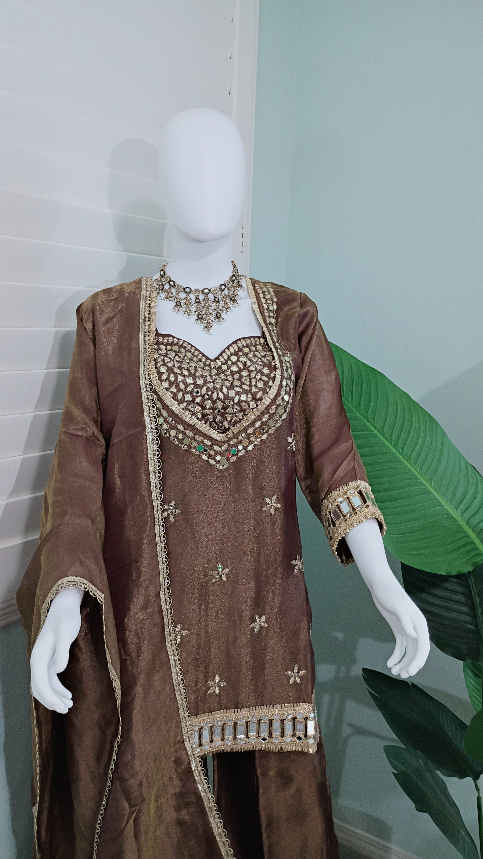 ✨ Mirror Magic: Shimmer Tissue Suit Set in Brown & Purple