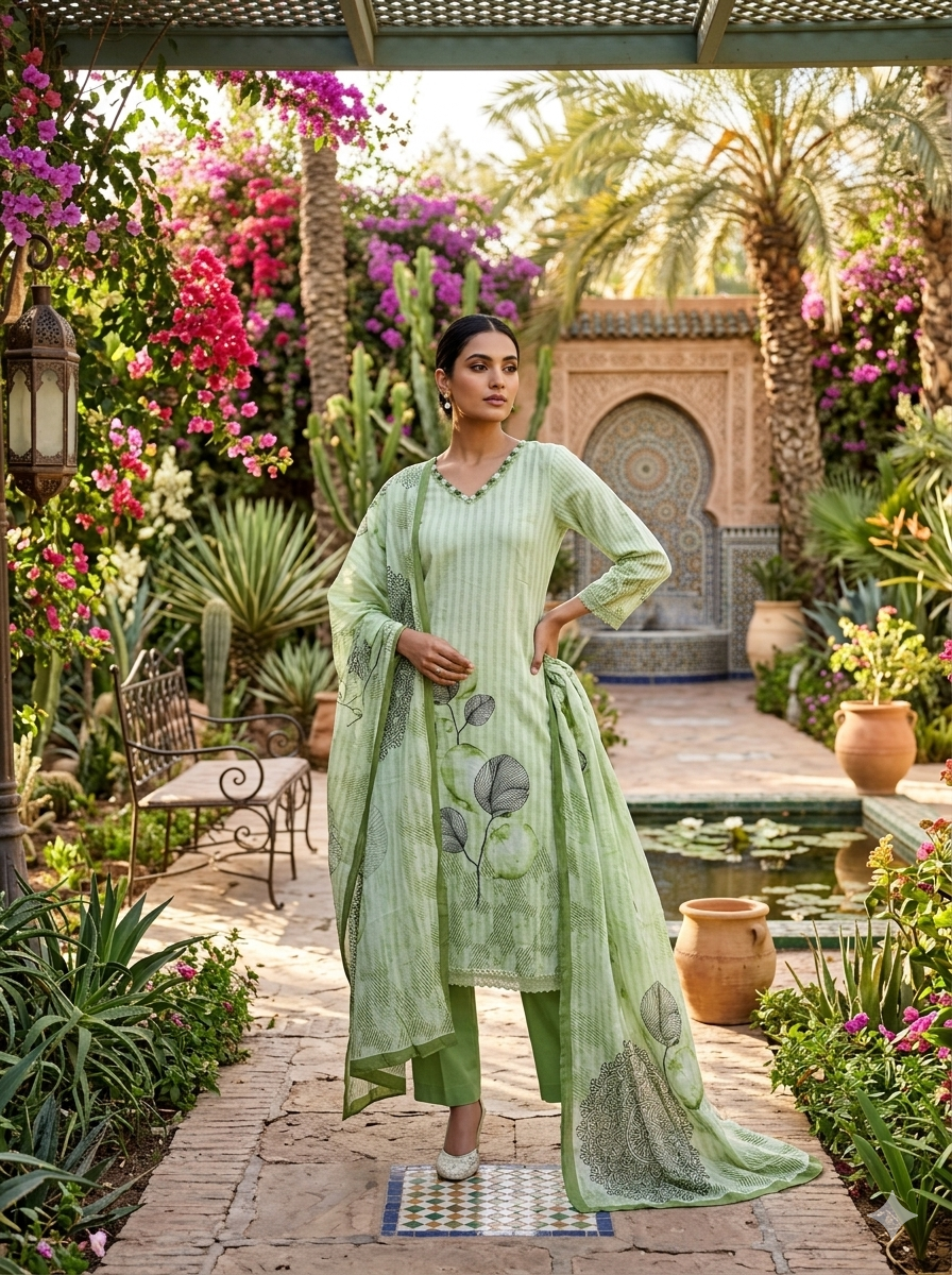 Light Green Digital Print Cotton Kurta Set
