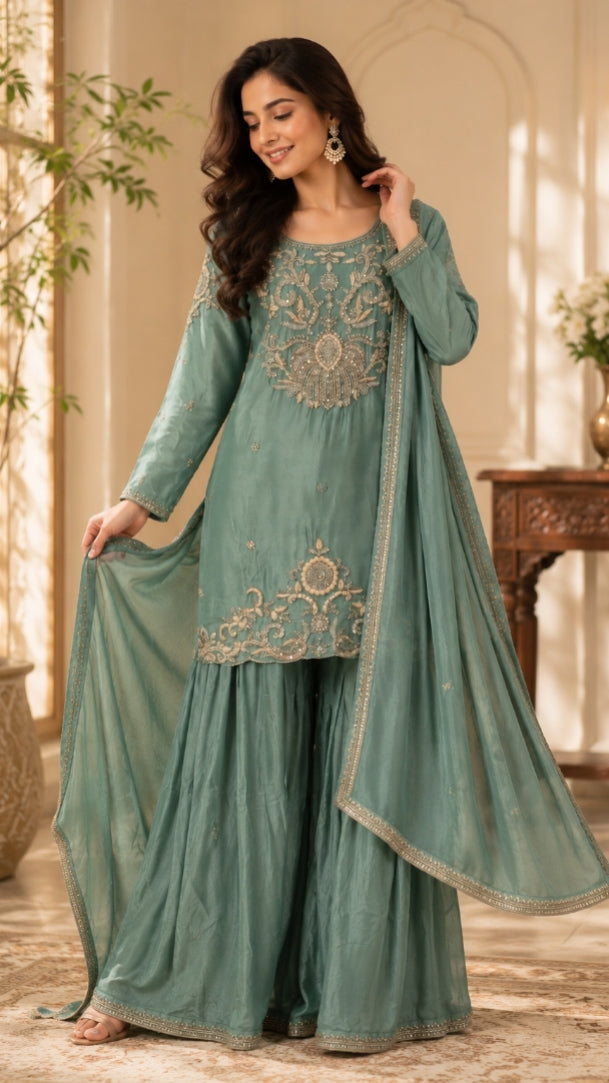 Green Wedding Wear Handwork Embroidered Plazzo Kurta Set