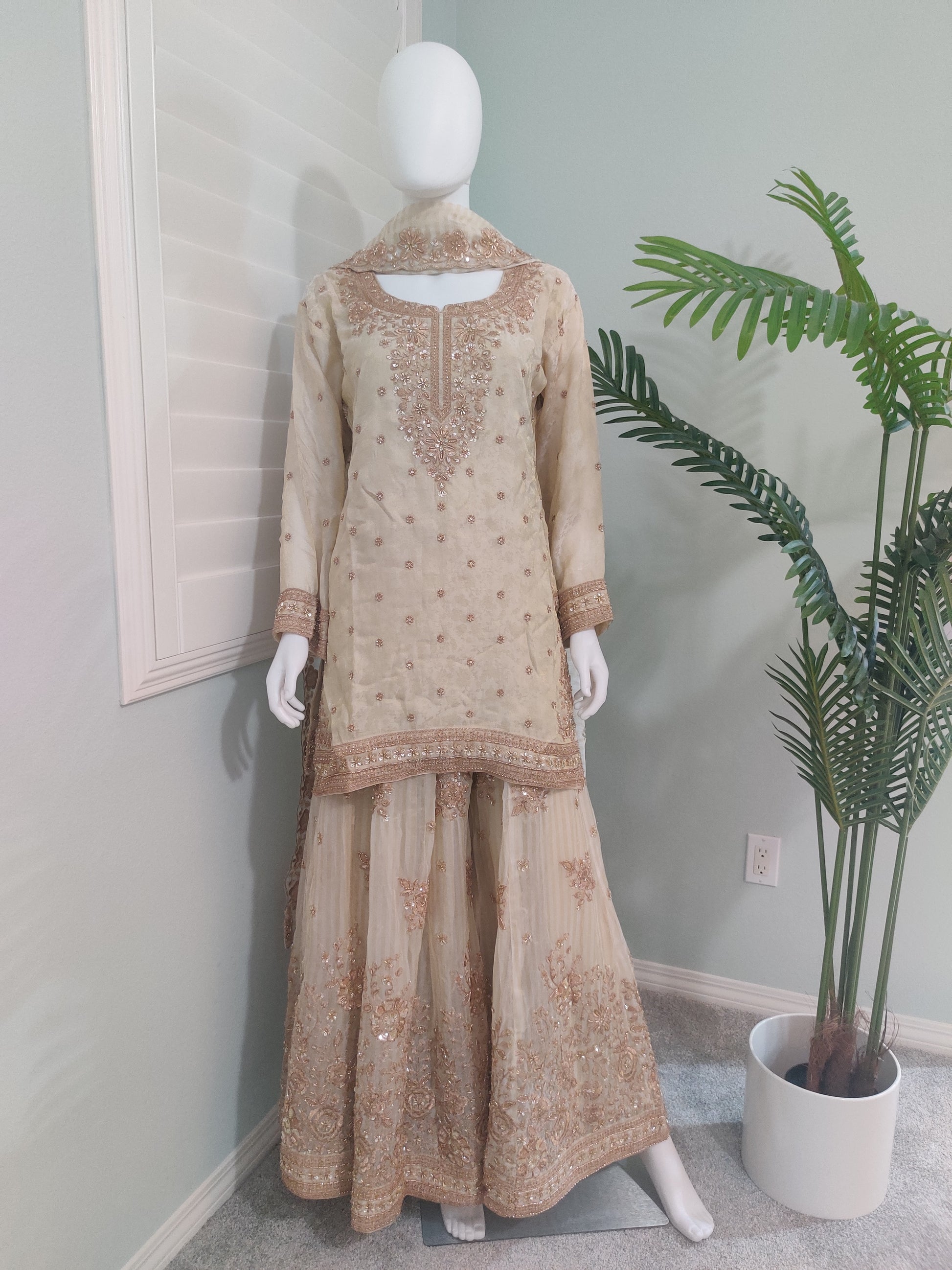 Beige Wedding Wear Handwork Embroidered Plazzo Suit