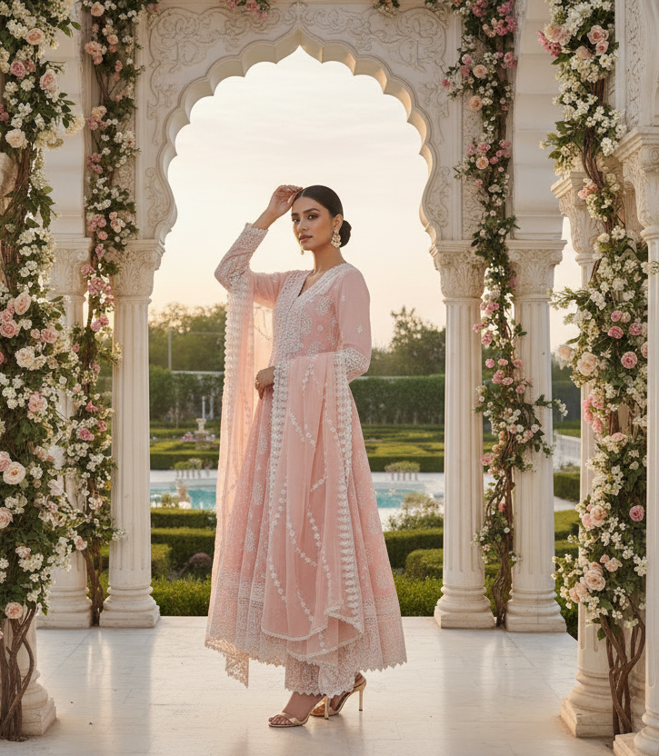 Peach Chikankari Anarkali Cotton Kurta Set