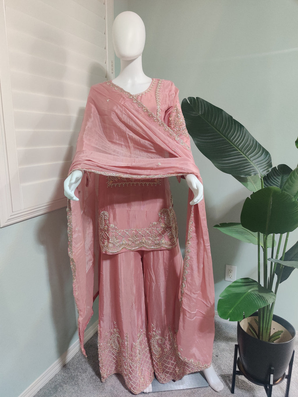 Pastel Pink Zari Embroidered Festive Wear Plazzo Kurta Set