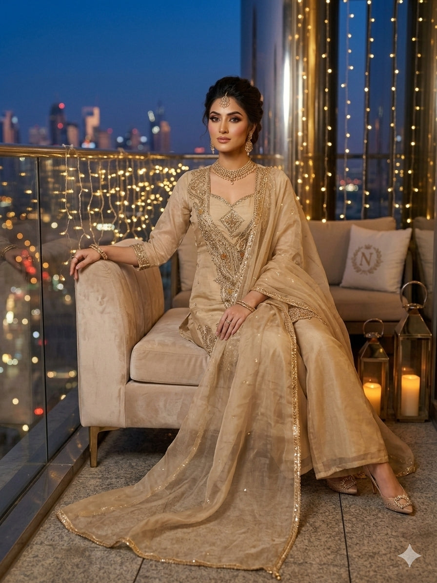 Elegant Beige Organza Embroidered Plazzo Suit