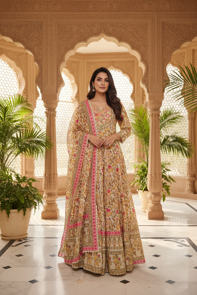 Cotton Floral Anarkali Kurta Set — Breezy, Graceful, Timeless