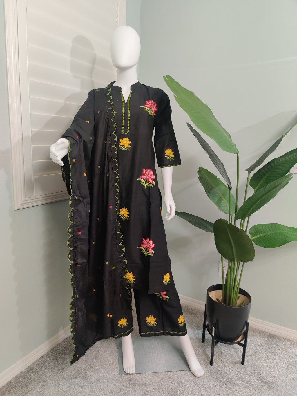 Elegant Black Cotton Embroidered Kurta & Palazzo Set