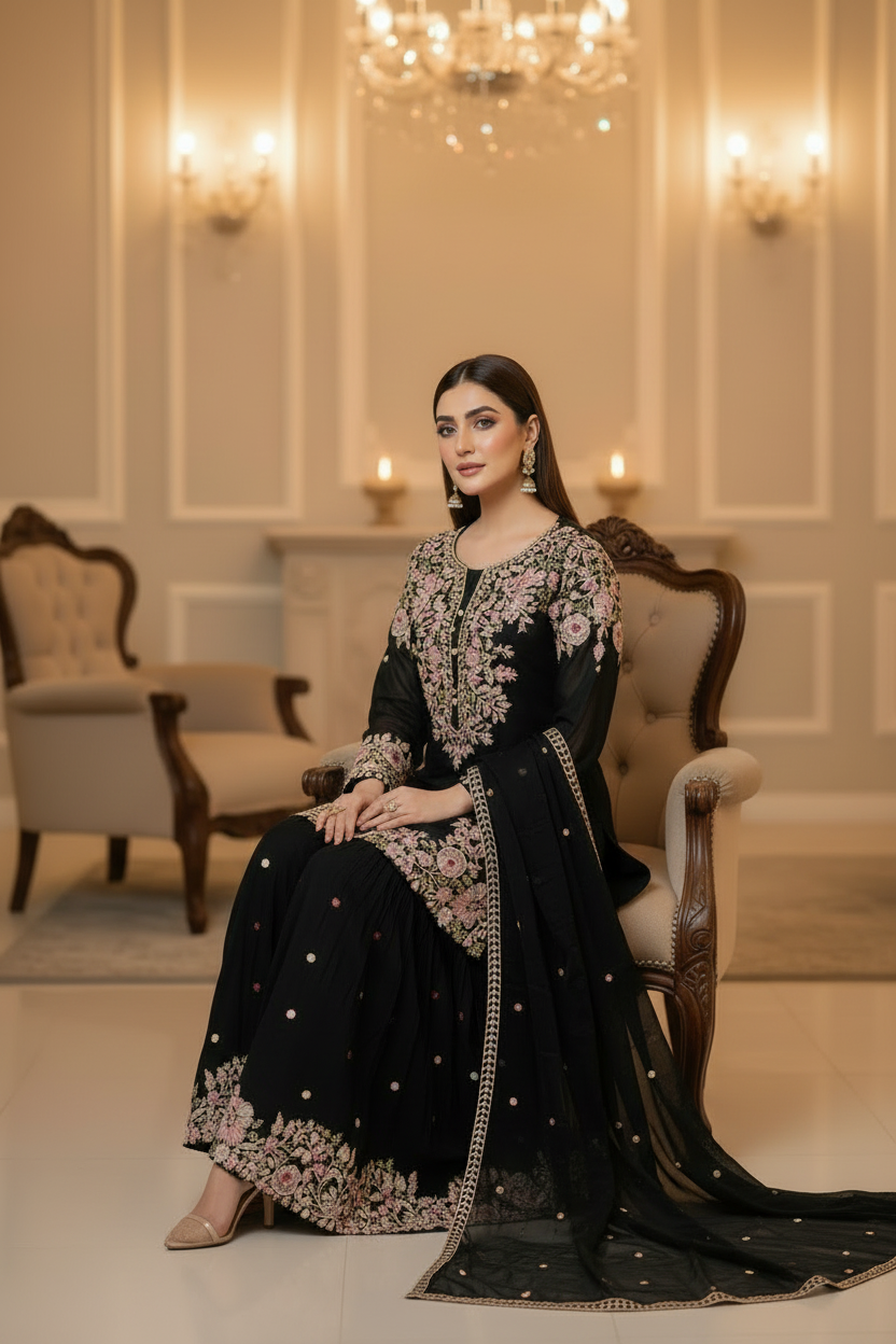 Black Multi-Color Resham Embroidered Sharara Kurta Set