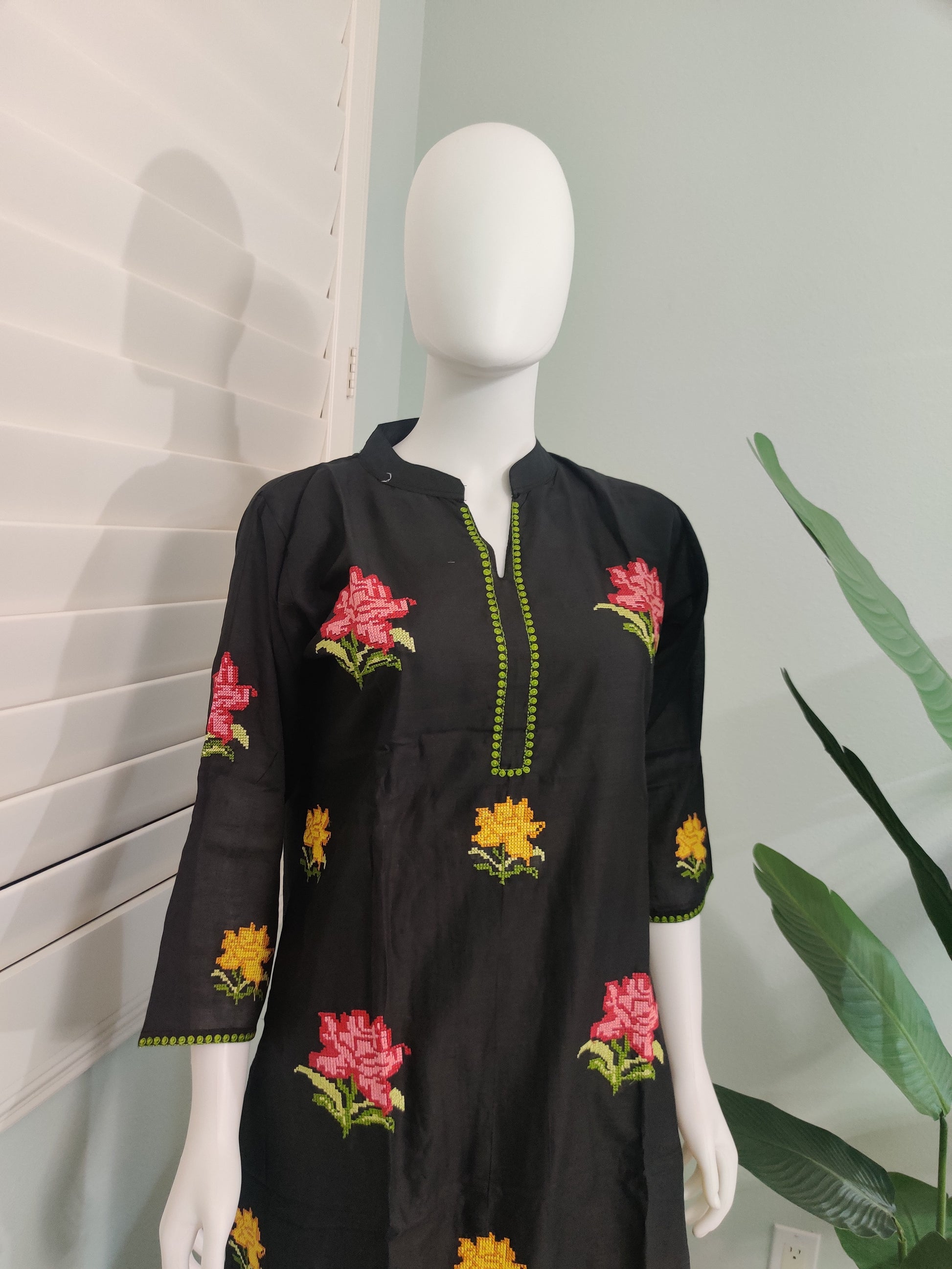 Elegant Black Cotton Embroidered Kurta & Palazzo Set