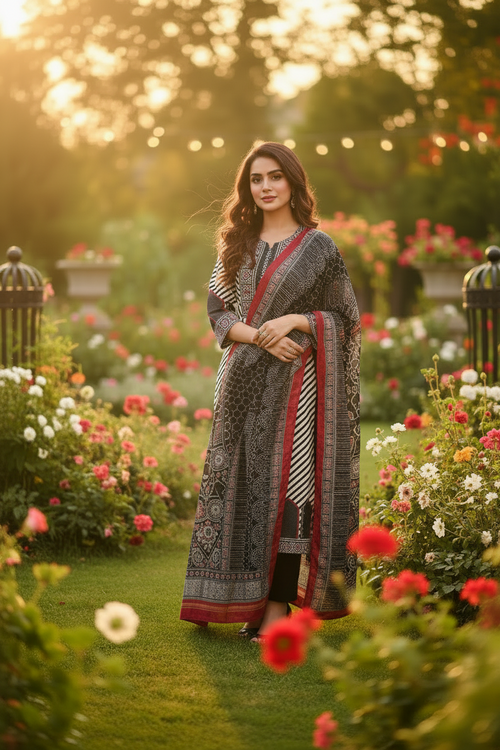Black Digital Print Cotton Kurta Set