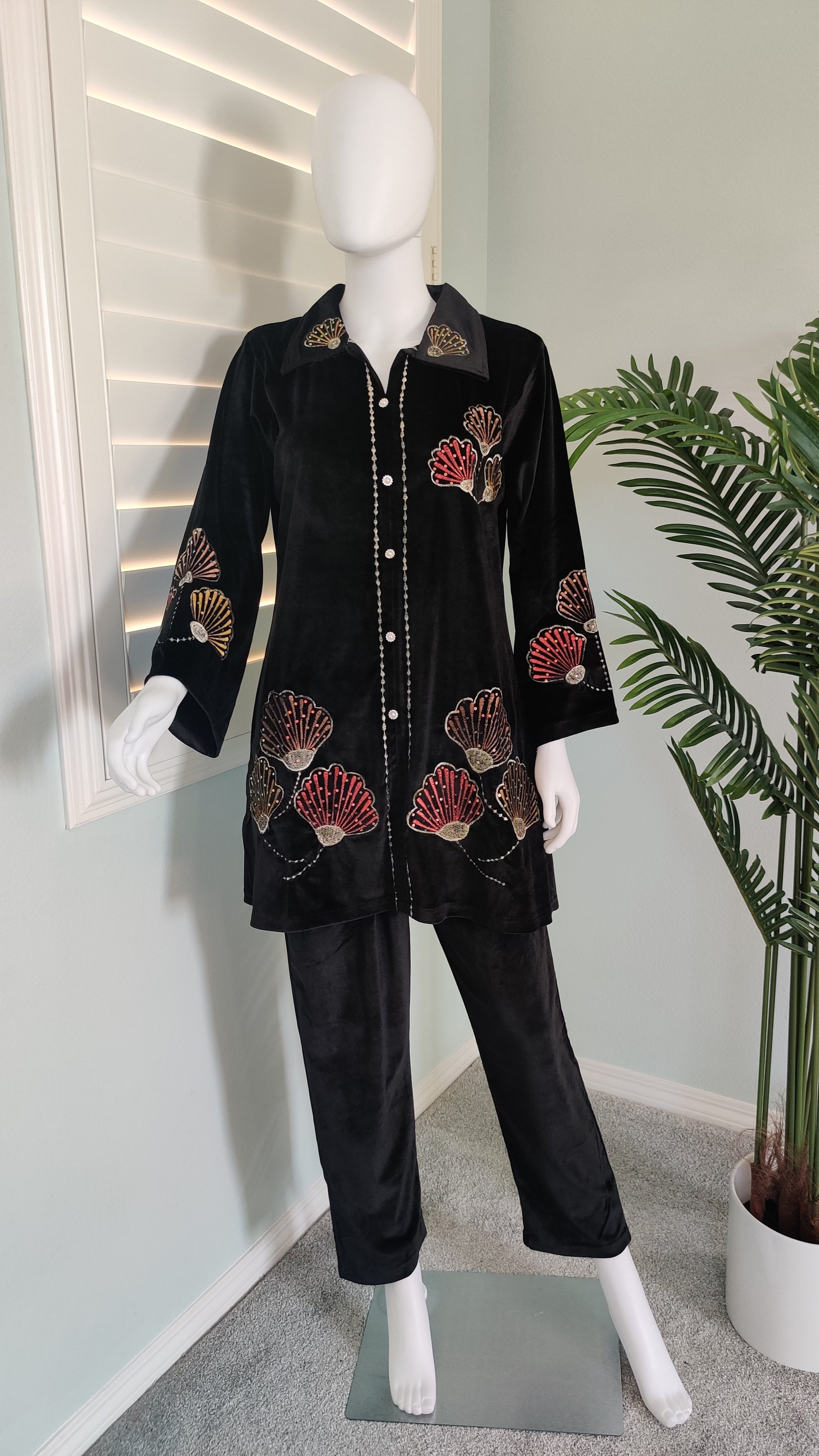 Black Velvet Elegance in Shell Embroidery